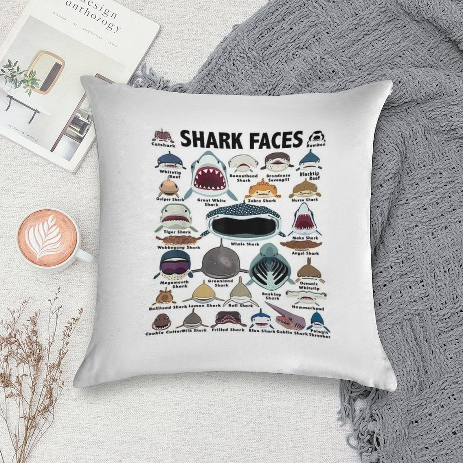 Types Of Shark Identification - Shark Faces - Shark Heart Soft Ultra-Soft Texture Throw Pillow