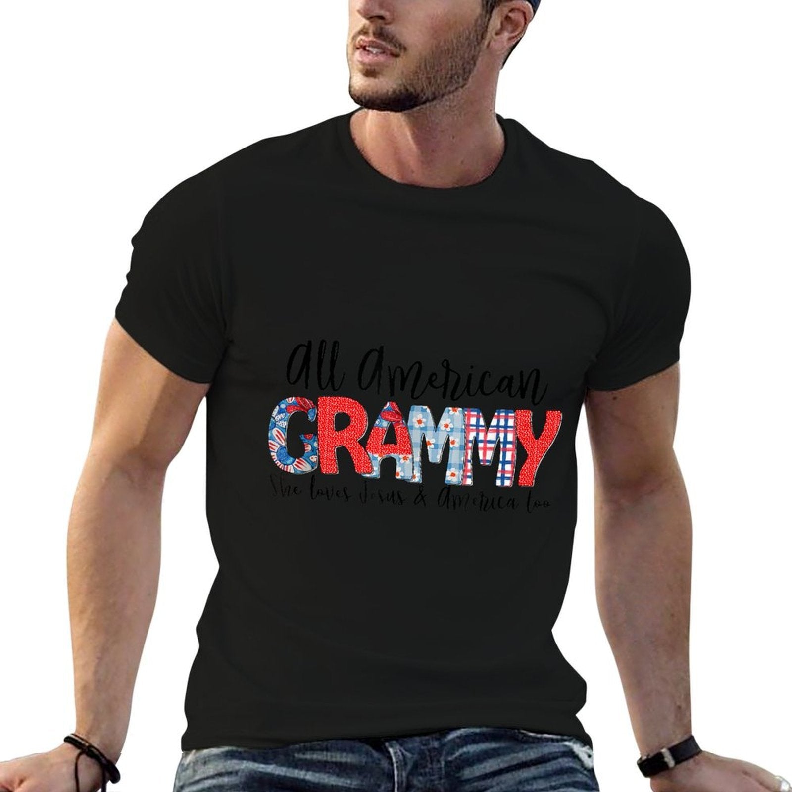 All American Grammy She Loves Jesus America Too 4th Of July  Wrinkle-resistant T-Shirt