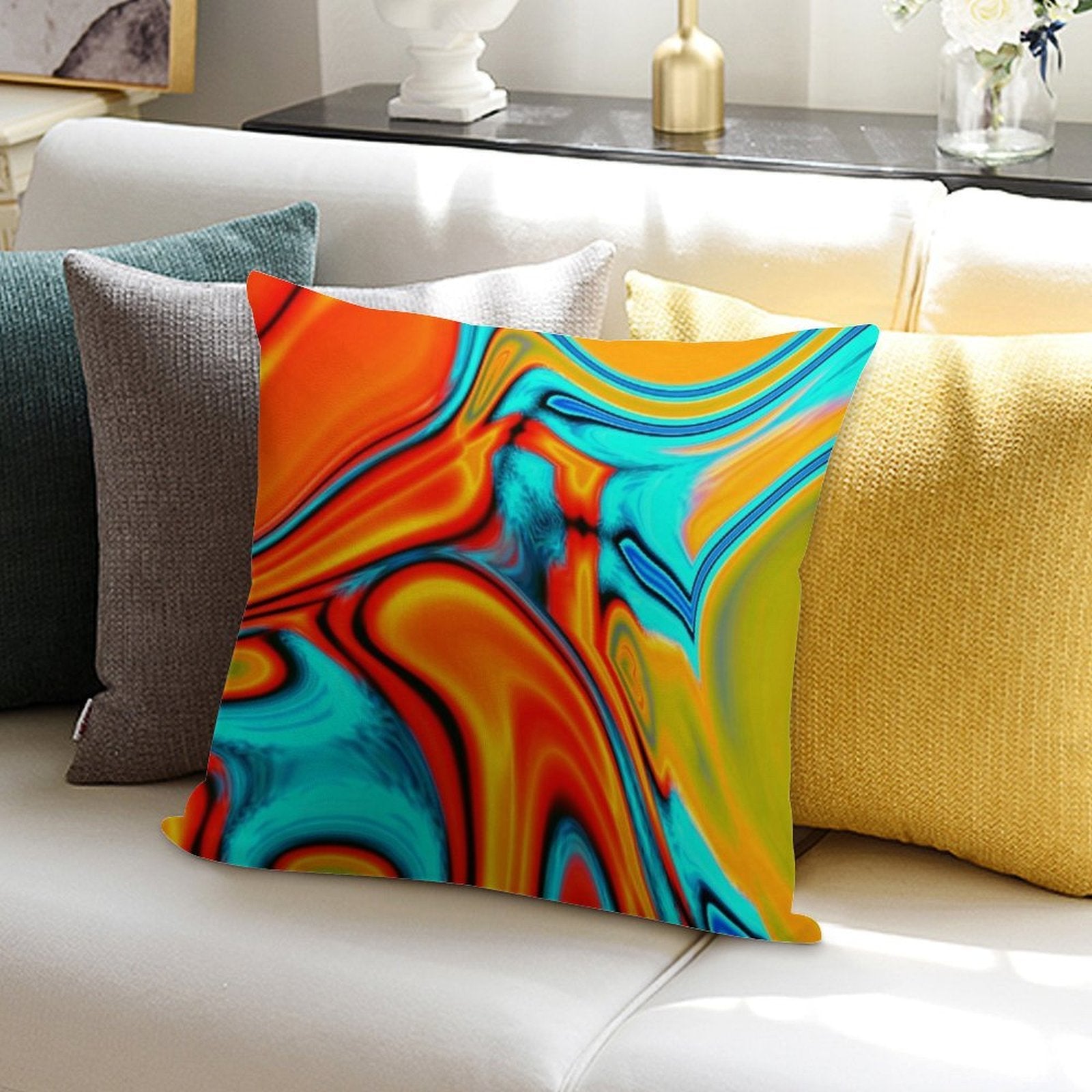 Vivid Modern Southwest Hipster Turquoise Orange Swirls Soft Hidden Zipper Throw Pillow