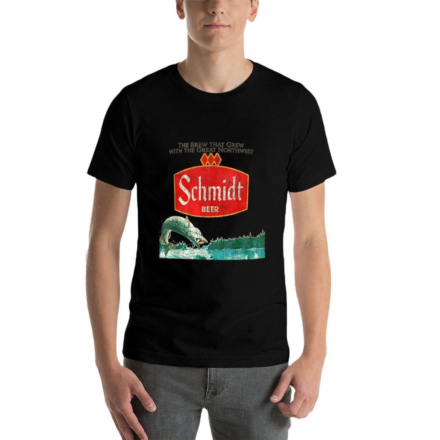 Vintage Schmidt Beer Retro Defunct Fishing Nature Scene High-quality Stitching T-Shirt