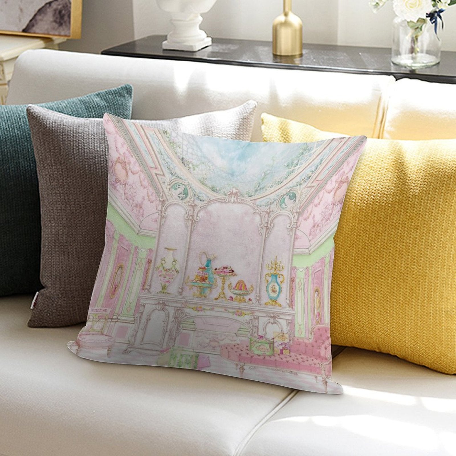 French Patisserie, Marie Antoinette Pink Cake Shop Diorama Soft Style Accent Throw Pillow