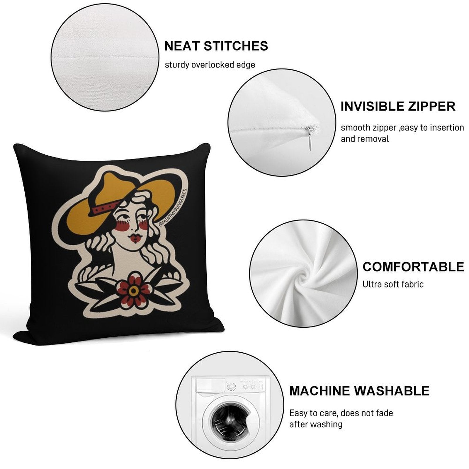 Traditional Cowgirl Tattoo Flash Soft Home Decor Throw Pillow