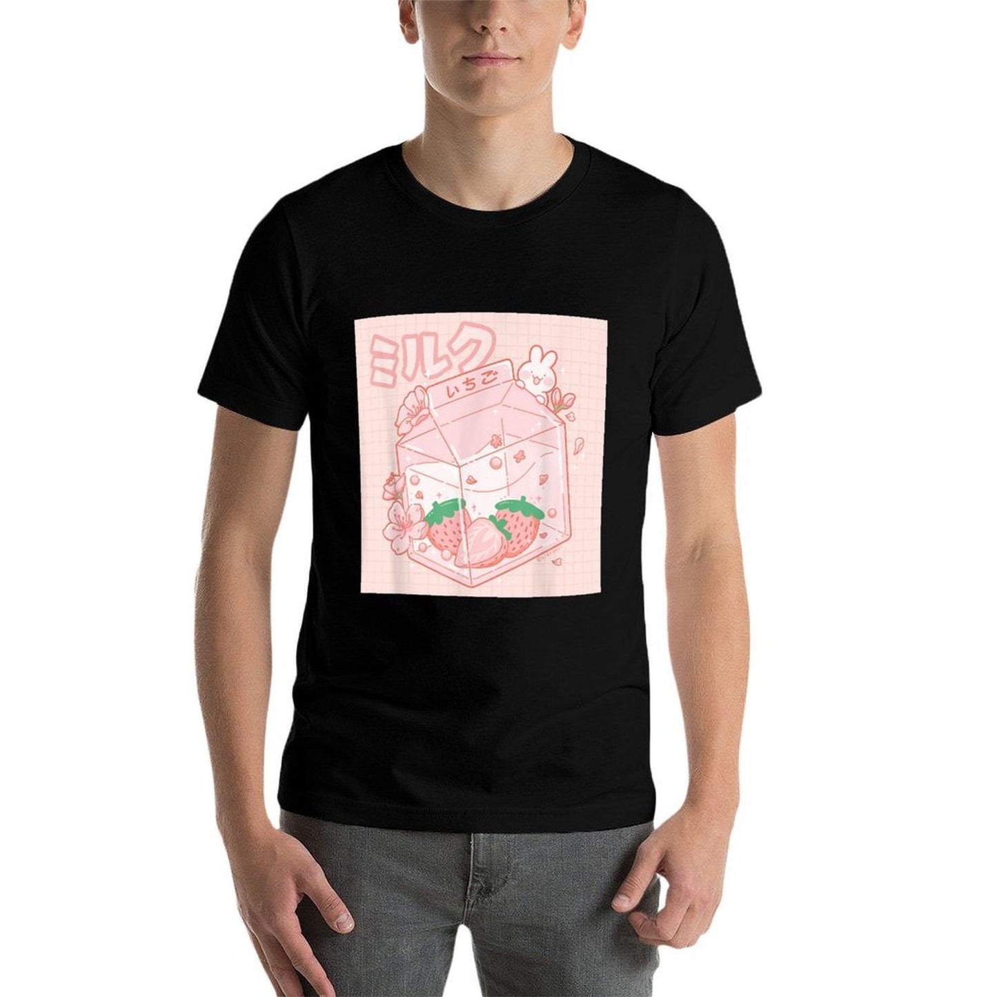 Strawberry Milk Bunny Japanese Kawaii Anime Aesthetic Pink Heathered Texture T-Shirt