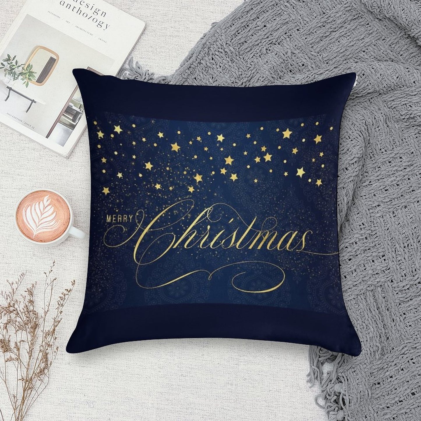 Merry Christmas Navy Blue And Faux Gold Leaf with Stars Soft Short Plush Fabric Throw Pillow