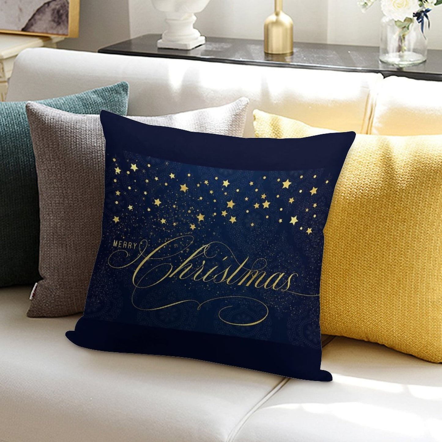 Merry Christmas Navy Blue And Faux Gold Leaf with Stars Soft Short Plush Fabric Throw Pillow