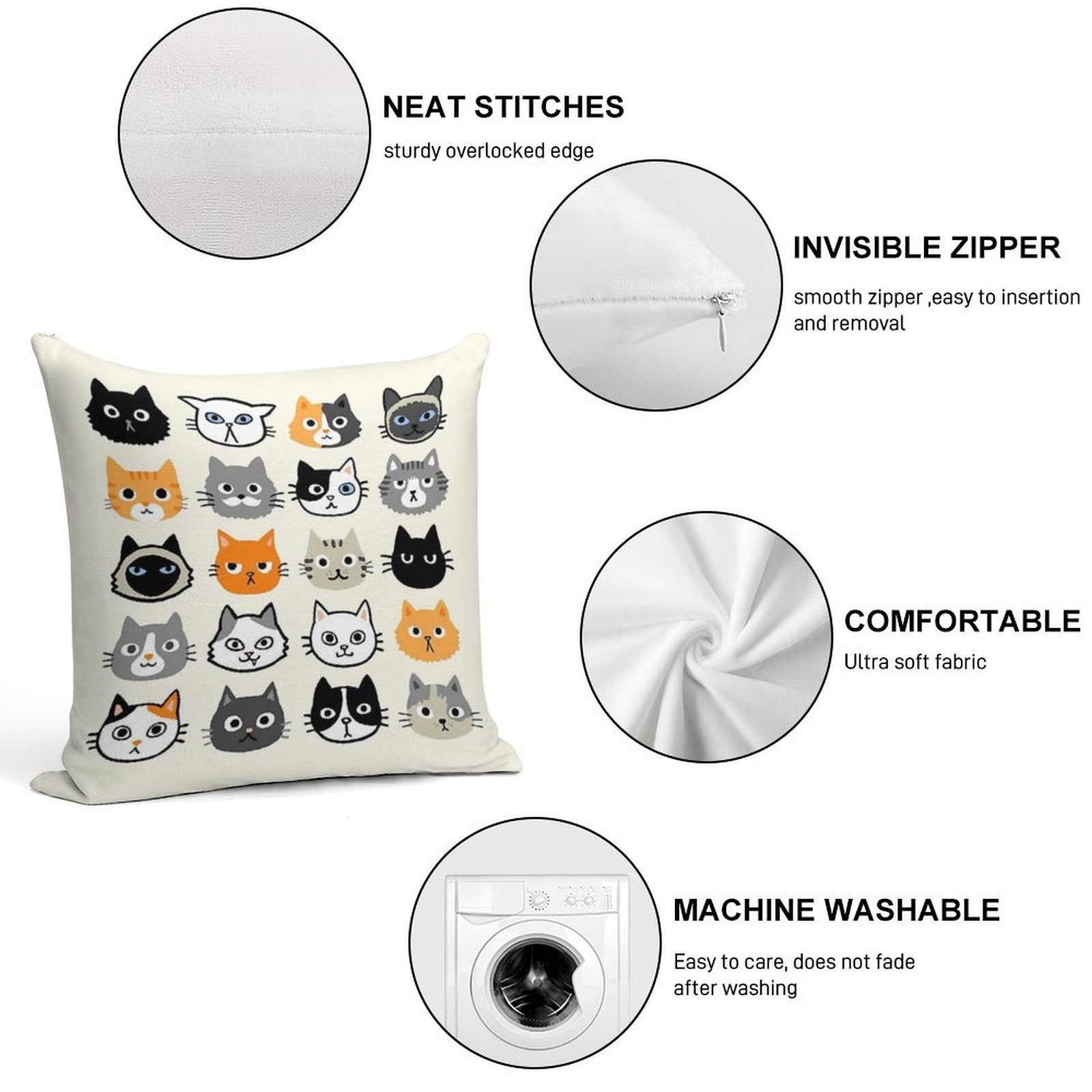 Assorted Cat Faces  Cute Quirky Kitty Cat Drawings Soft Luxury Feel Throw Pillow