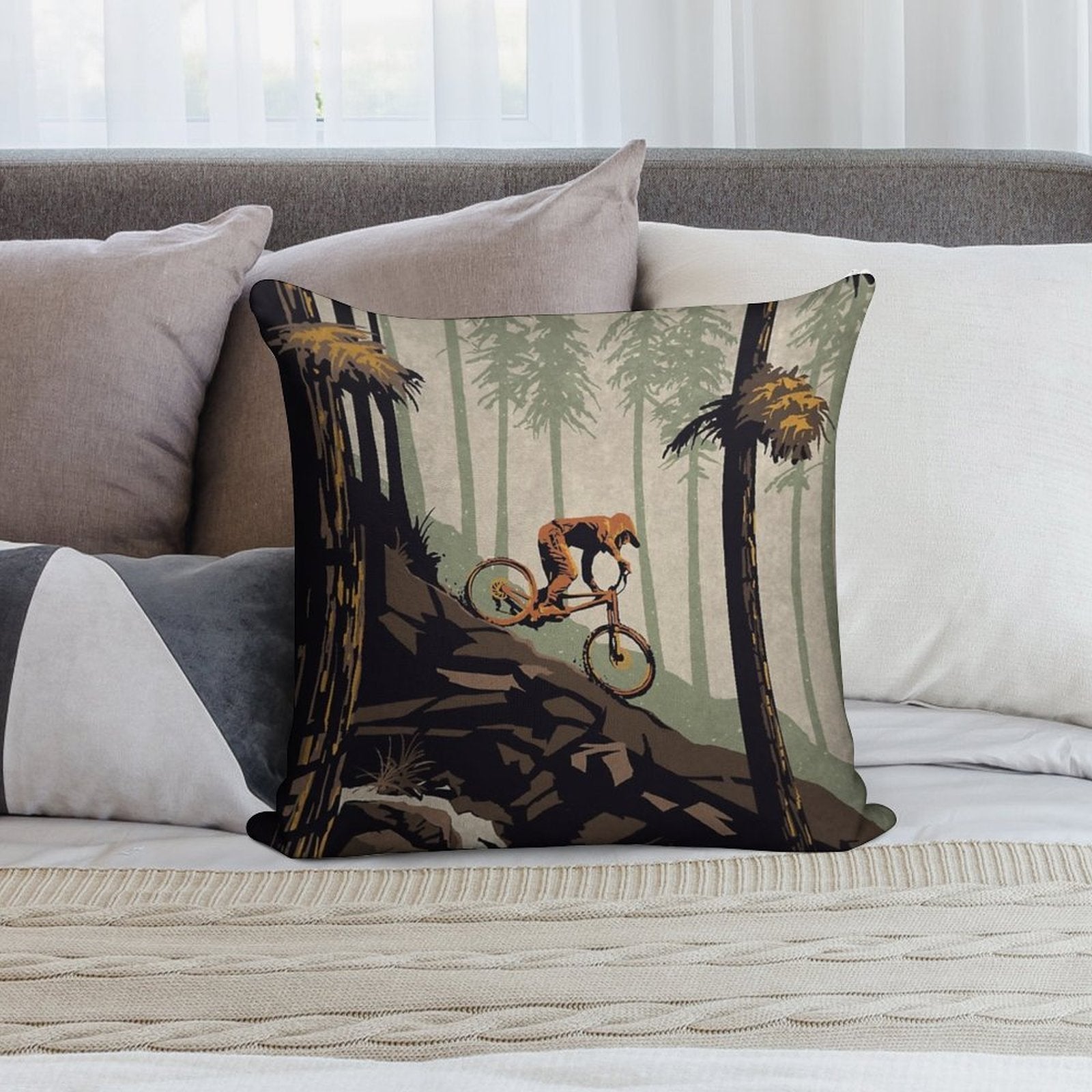 Retro Scenic Mountain Bike Poster Art Think Outside, No Box Required! Soft Shrink-Resistant Throw Pillow