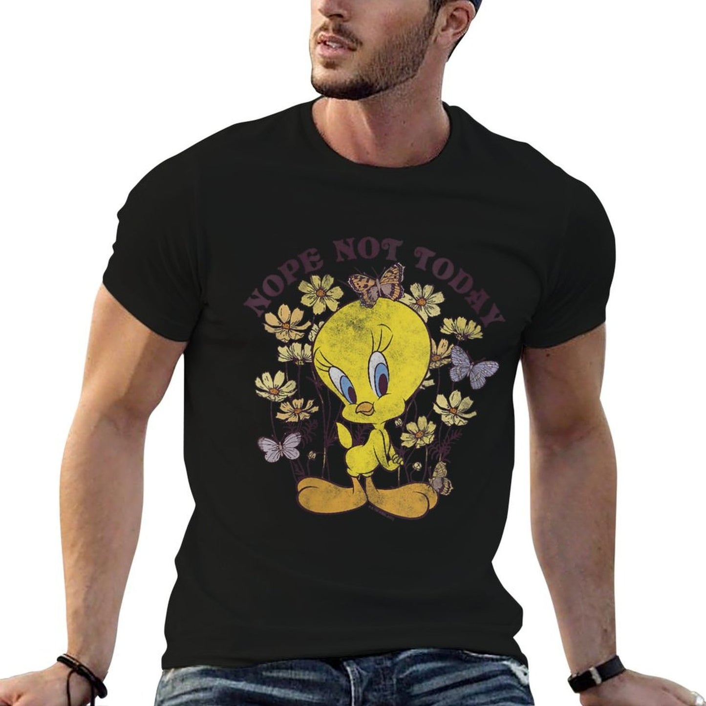 Womens Looney Tunes Tweety Bird Floral Butterfly Nope Not Today Oversized Silhouette T-Shirt
