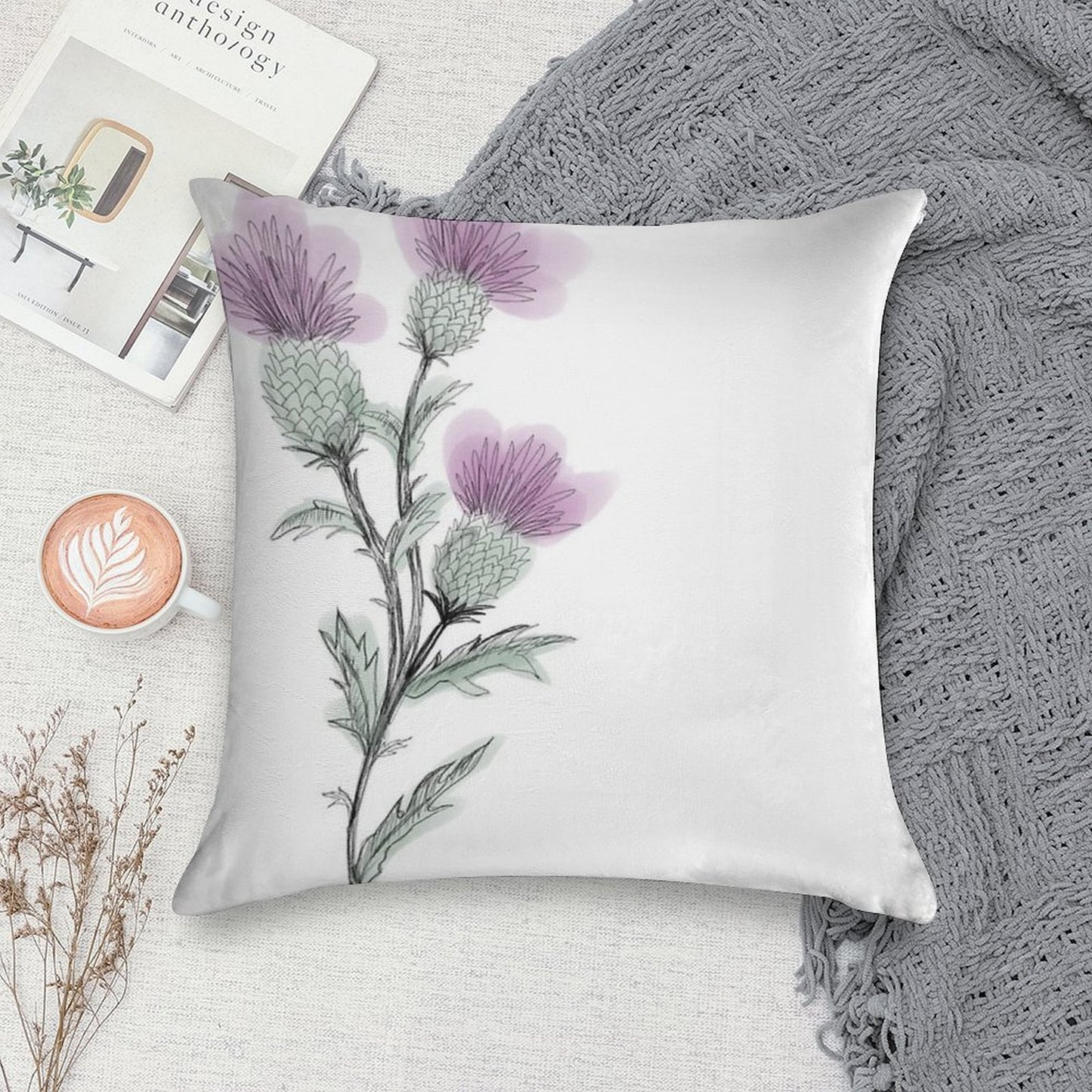 Watercolor Thistle Soft Decorative Cover Throw Pillow