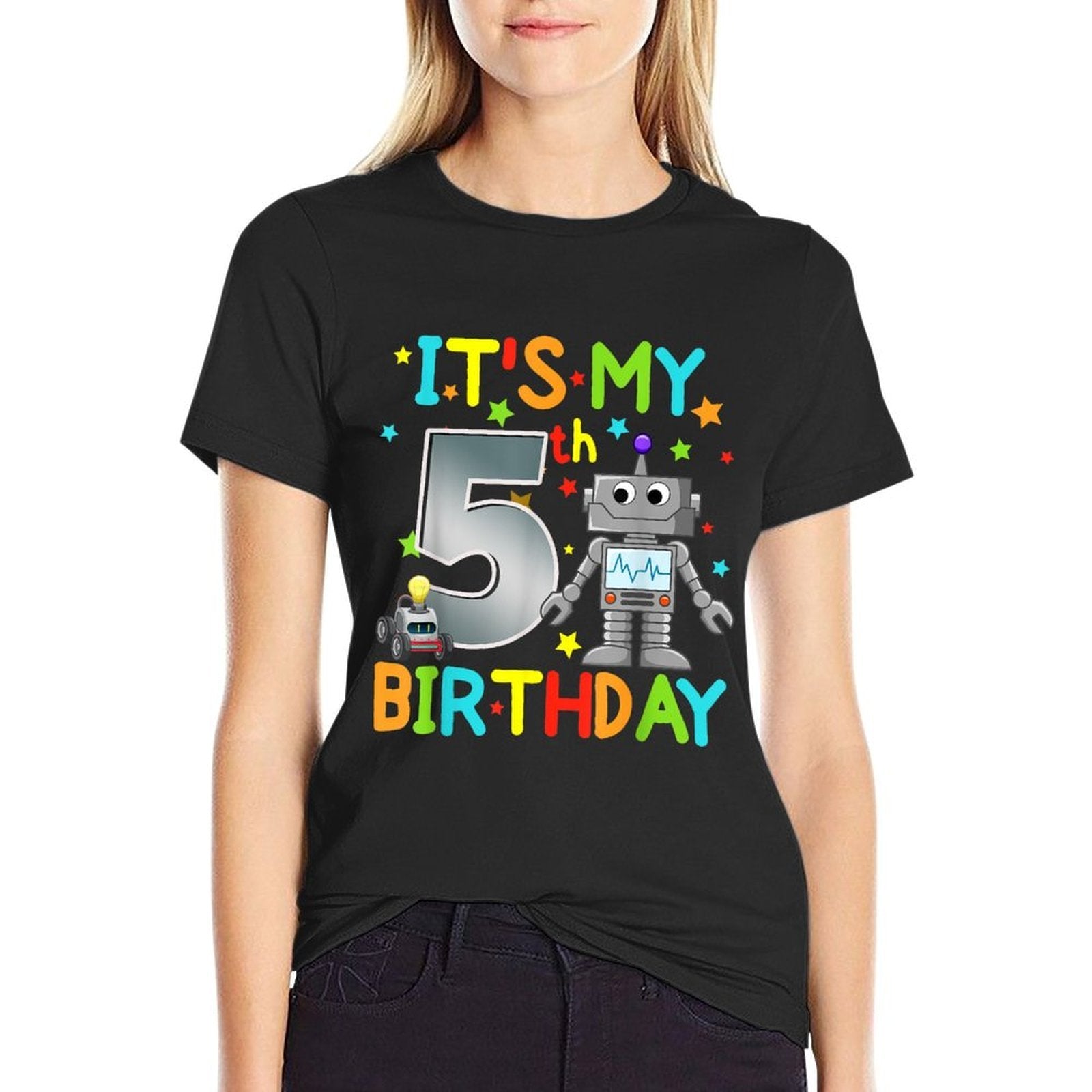 It's My 5th Birthday Robot 5 Year Old Funny Boy Girl  Cotton T-Shirt