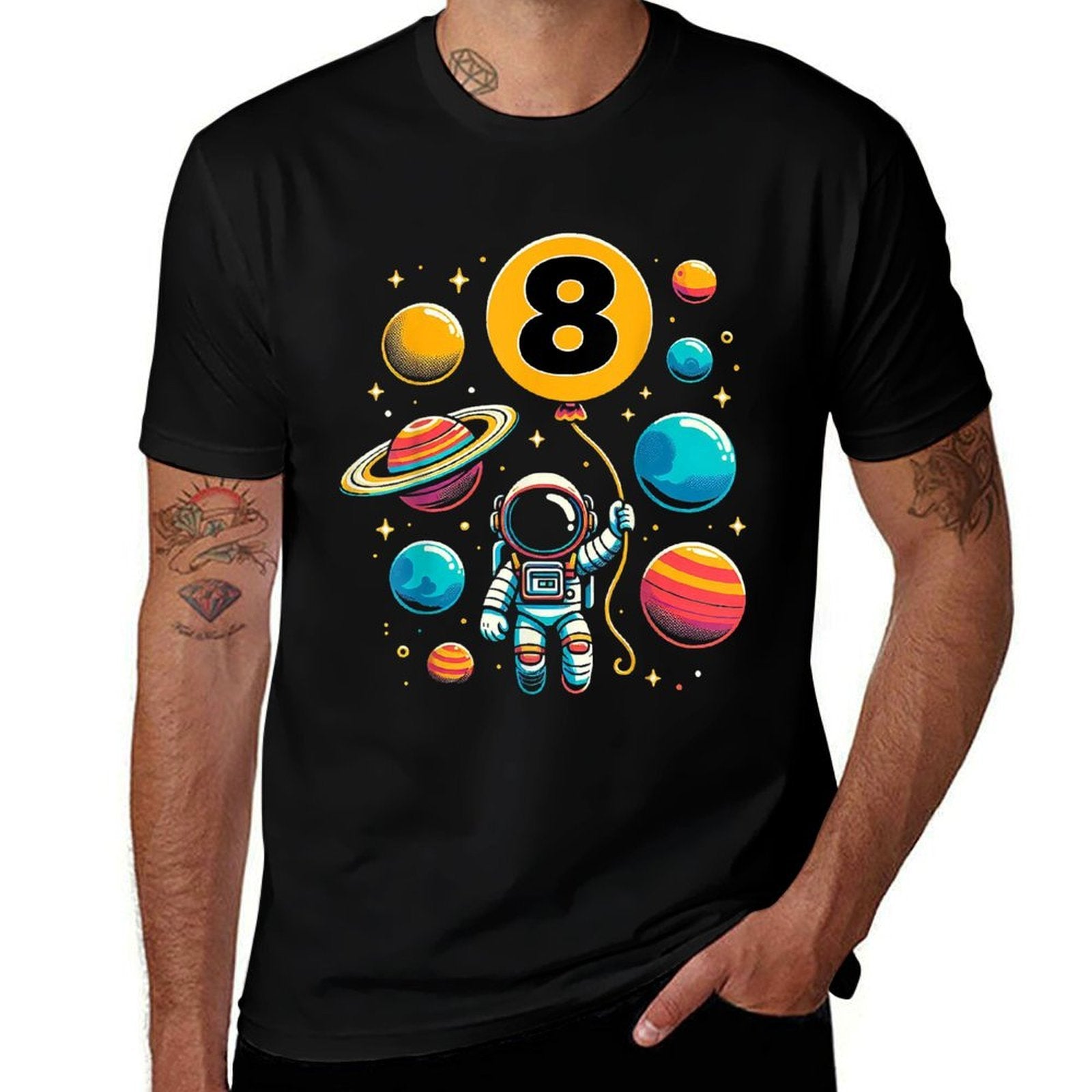 8th Birthday Astronaut Space Planets Eight Years Old  Cotton T-Shirt