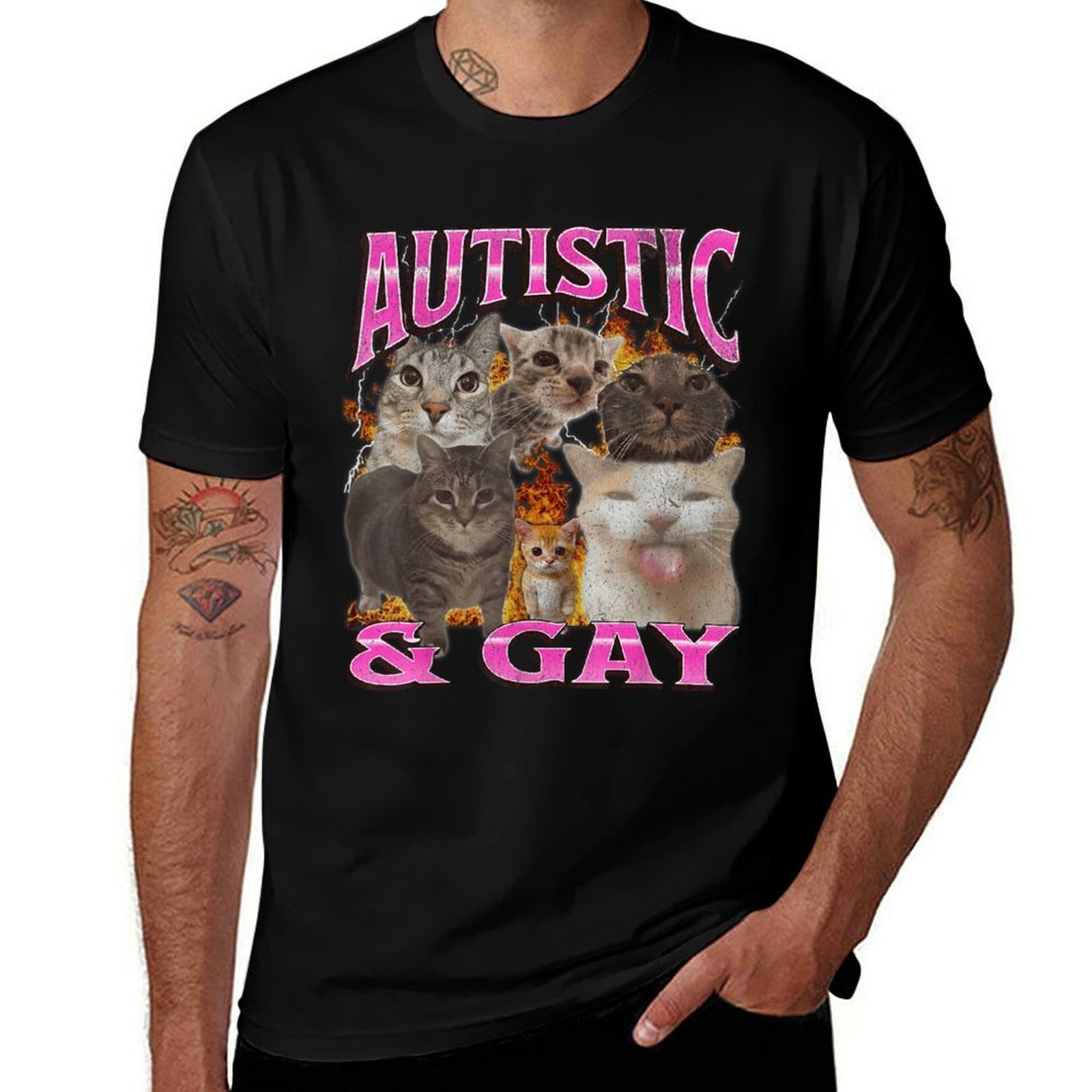 Autistic And Gay Funny Cat Meme Bootleg Graphic  Affordable Price T-Shirt