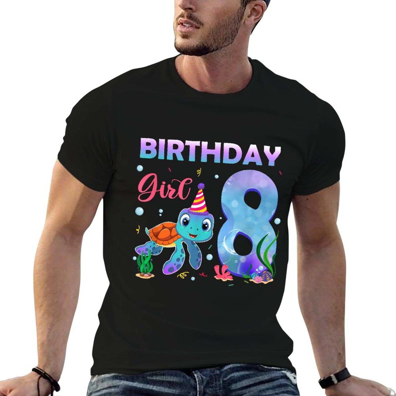 8th Birthday Girl Sea Turtle 8 Year Old Ocean Aquarium Girls  Cotton T-Shirt