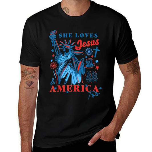 She Loves Jesus And America Too Statue Of Liberty 4th July  Oversized Silhouette T-Shirt