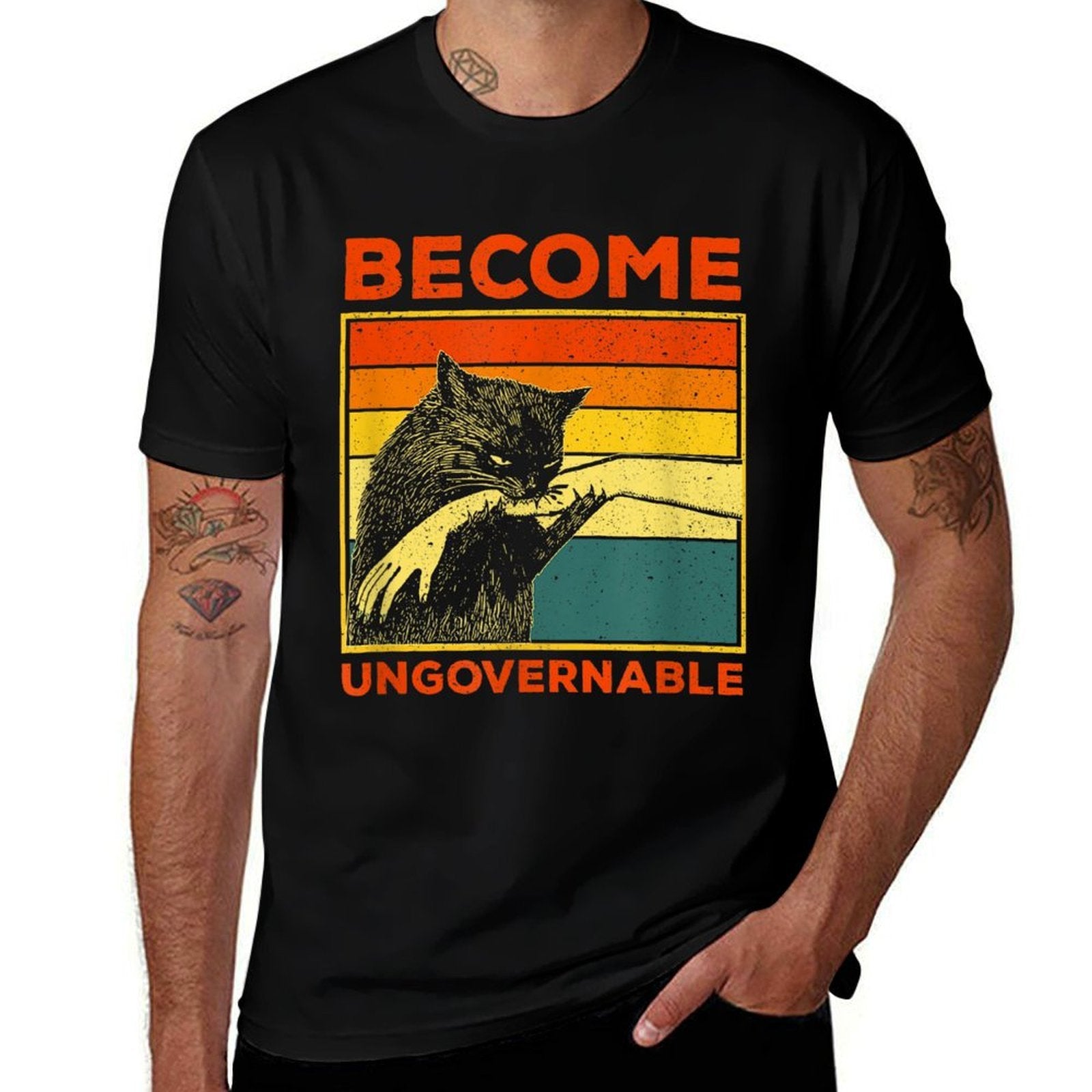 Become Ungovernable - Black Cat Biting Hand Funny Meme  Fade-proof Color T-Shirt