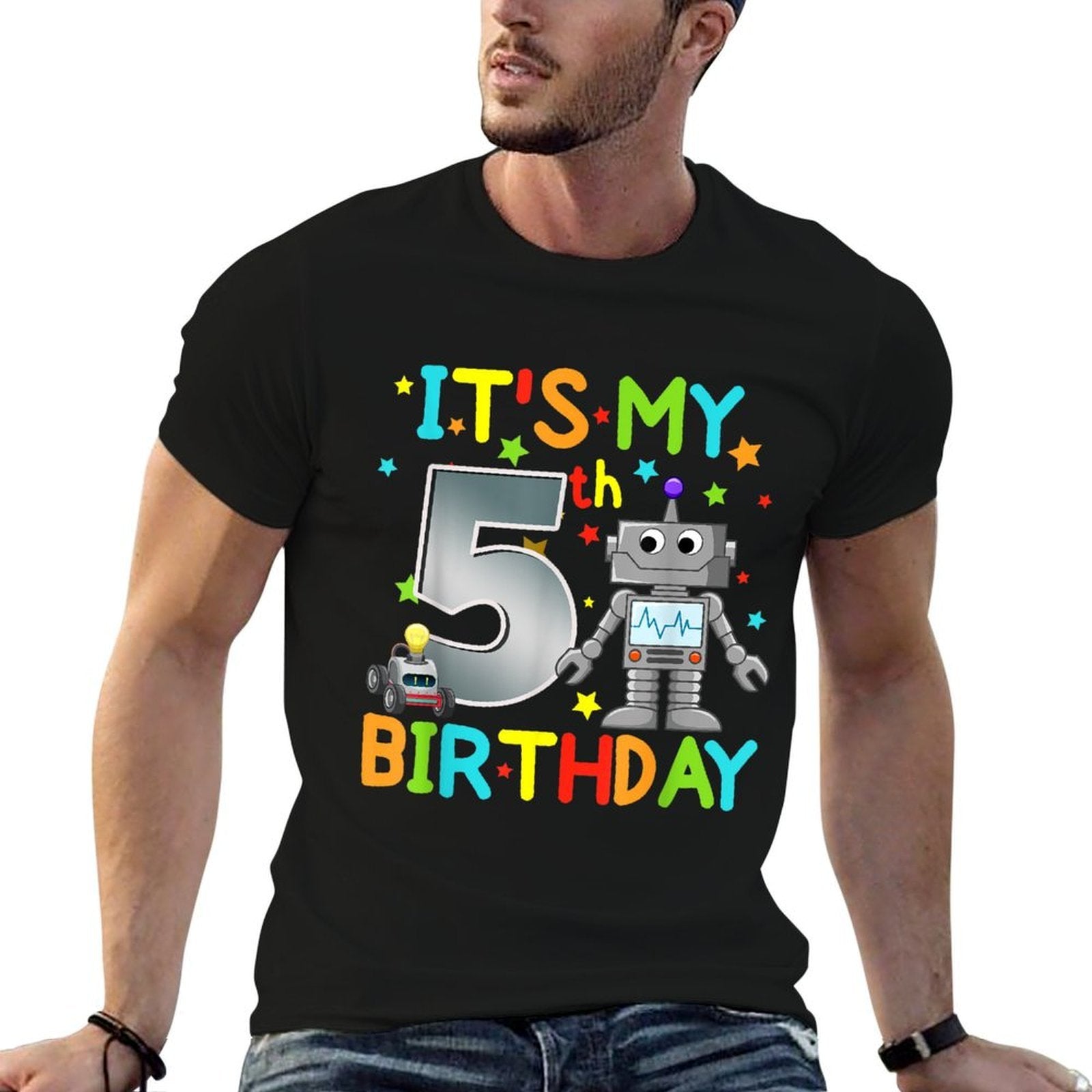 It's My 5th Birthday Robot 5 Year Old Funny Boy Girl  Cotton T-Shirt