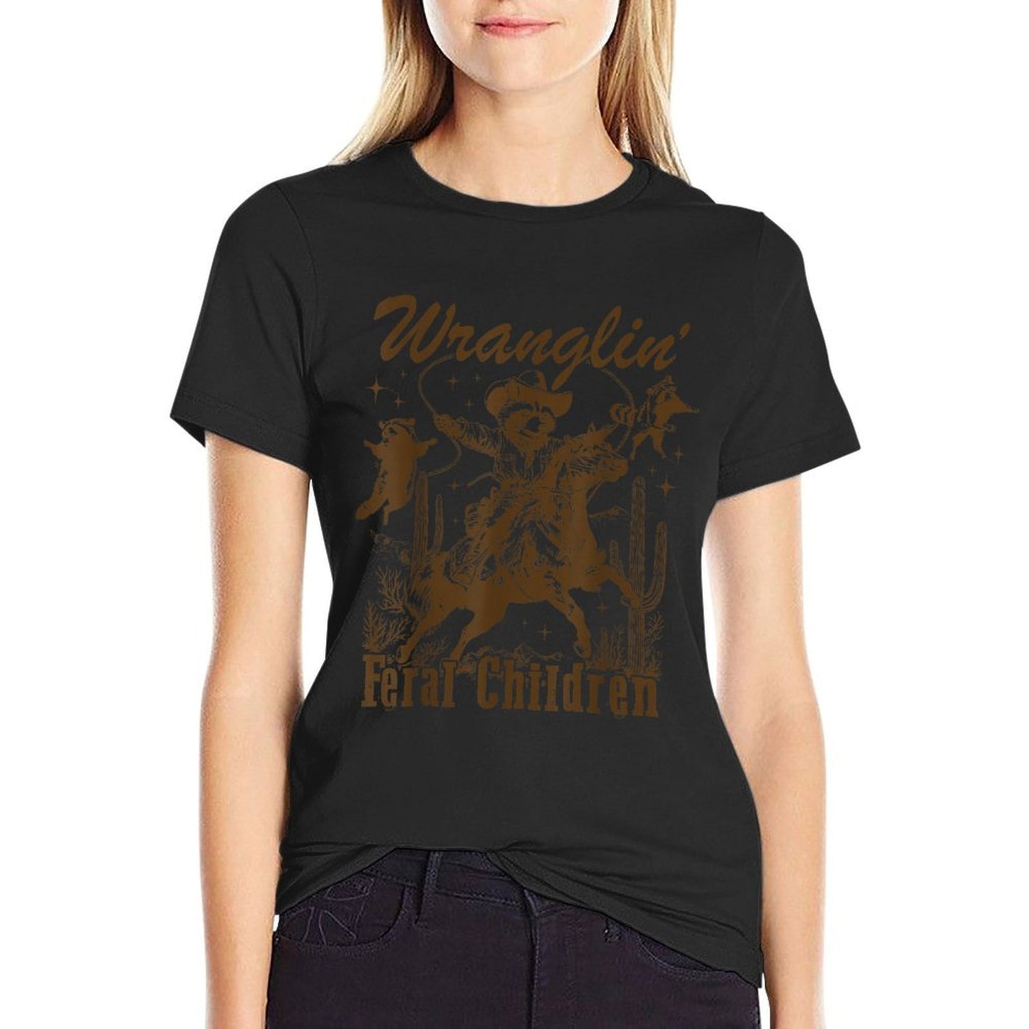 Wrangling Feral Children Funny Cowboy Raccoon Western Animal Tagless Design T-Shirt
