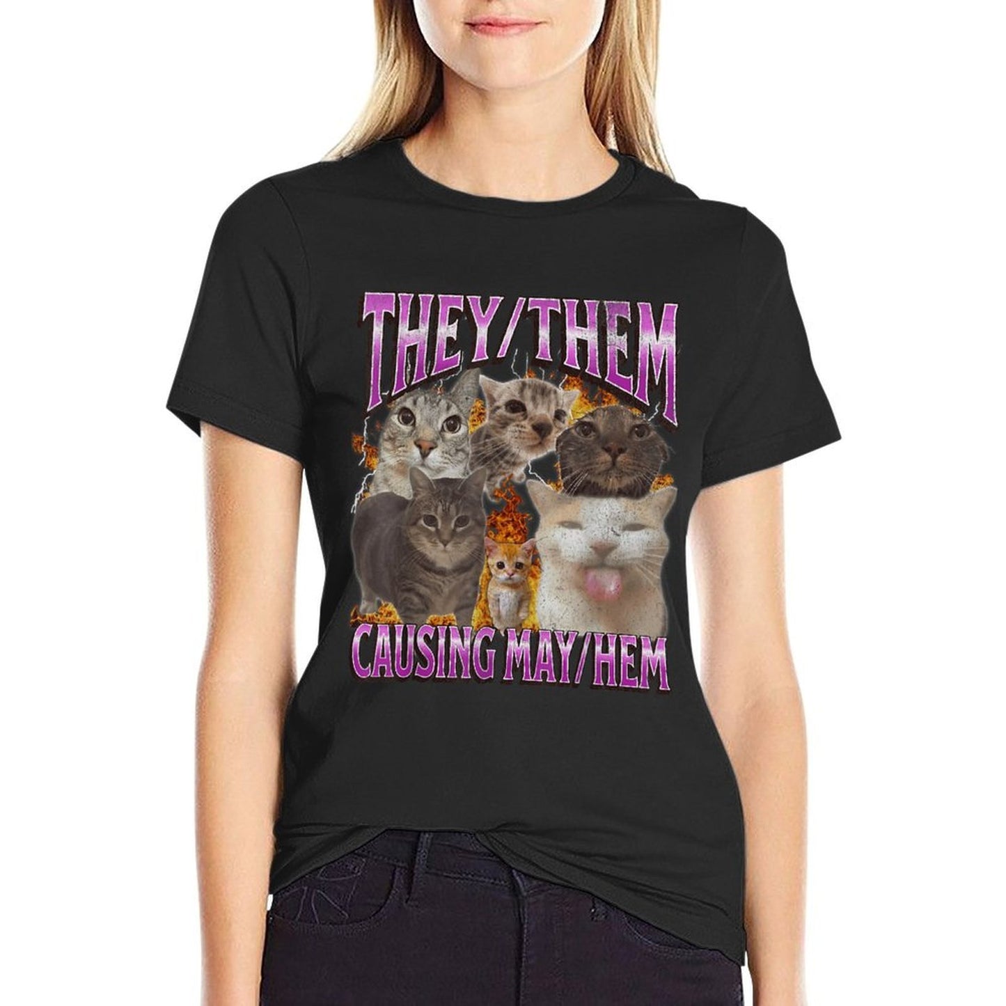They Them Causing Mayhem Funny Cat Meme Bootleg Graphic Oversized Silhouette T-Shirt