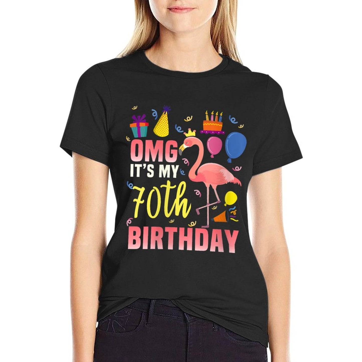 Womens 70 Year Old Women Men Gift Flamingo It's My 70th Birthday Easy-care T-Shirt