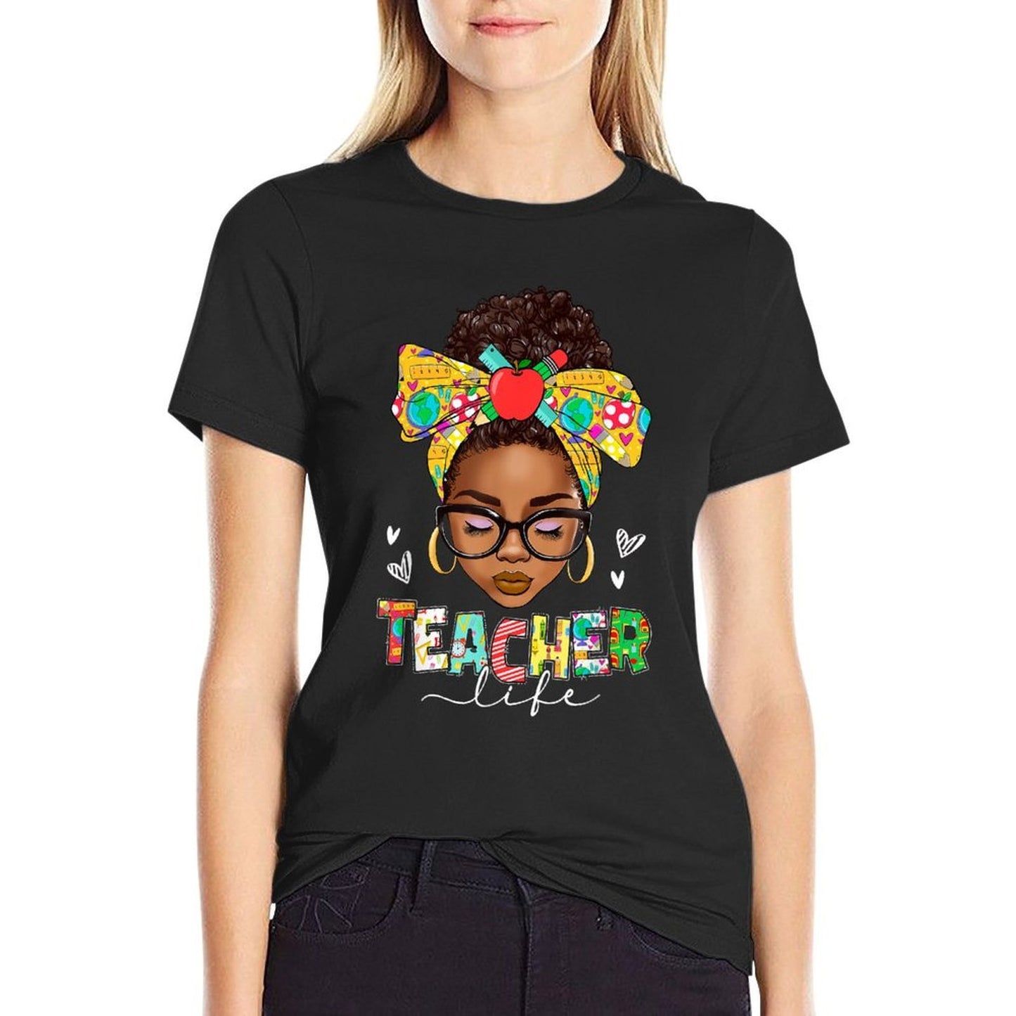 Teacher Life Messy Bun Afro African American Back To School Heathered Texture T-Shirt