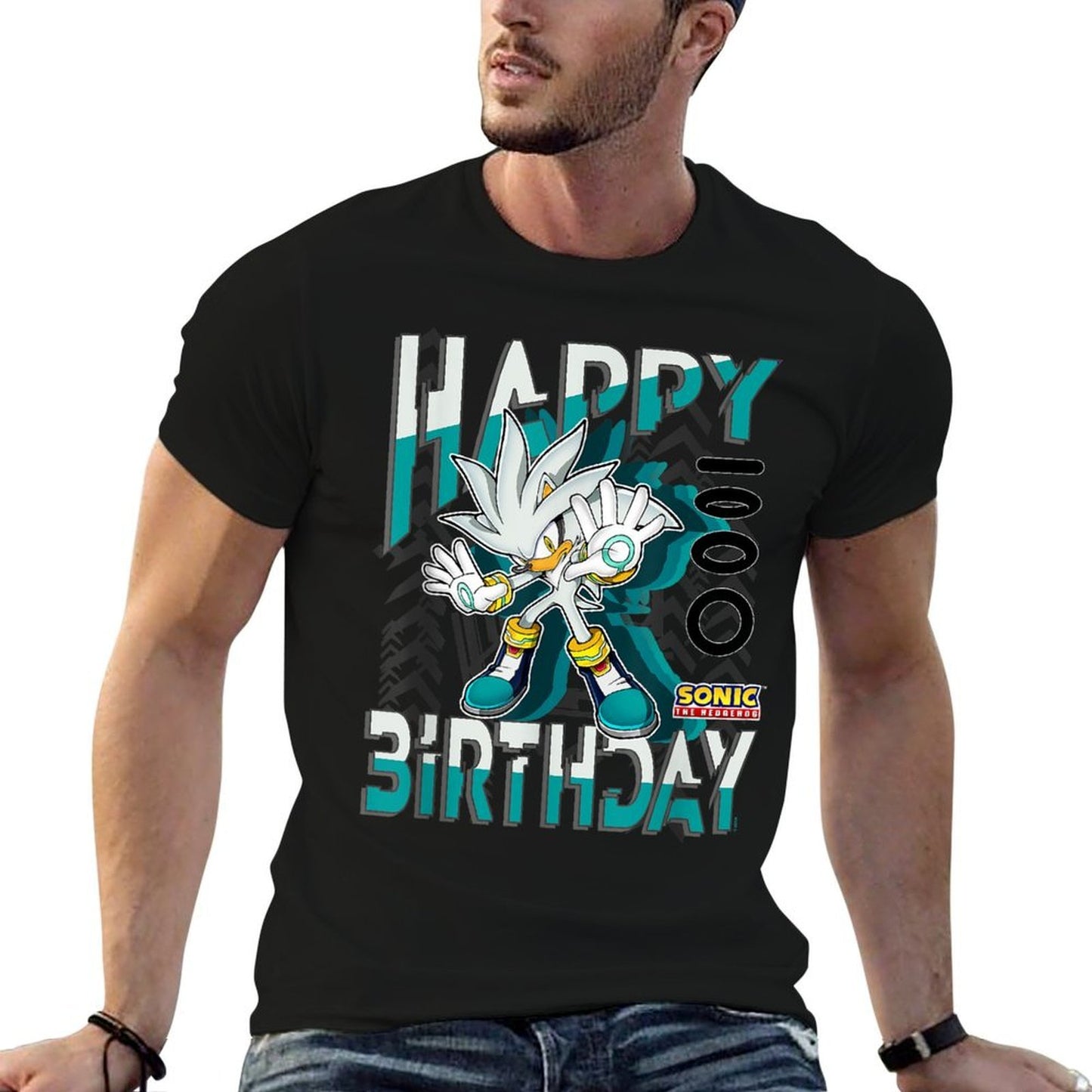Sonic The Hedgehog Happy Birthday Silver Grid Chest Poster Fade-proof Color T-Shirt
