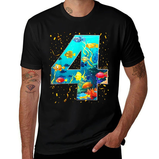 4th Birthday Party 4 Year Old Sea Fish Aquarium Birthday Boy  Wrinkle-resistant T-Shirt