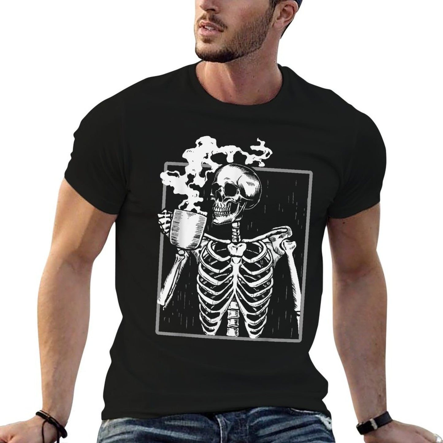Skeleton Drinking Coffee Lover Funny Halloween Skull  Relaxed-fit T-Shirt