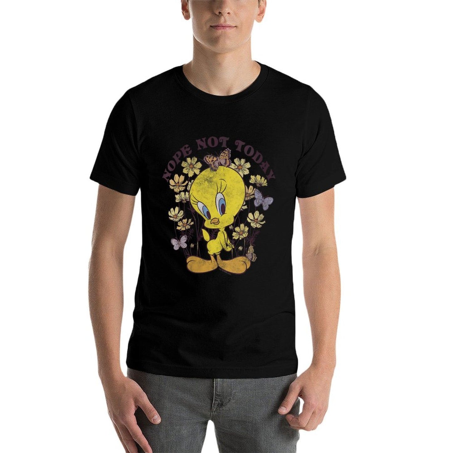 Womens Looney Tunes Tweety Bird Floral Butterfly Nope Not Today Oversized Silhouette T-Shirt