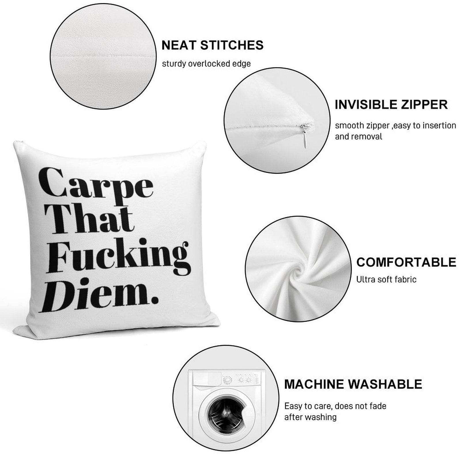 Carpe That Fucking Diem (White) Soft High-Density Material Throw Pillow