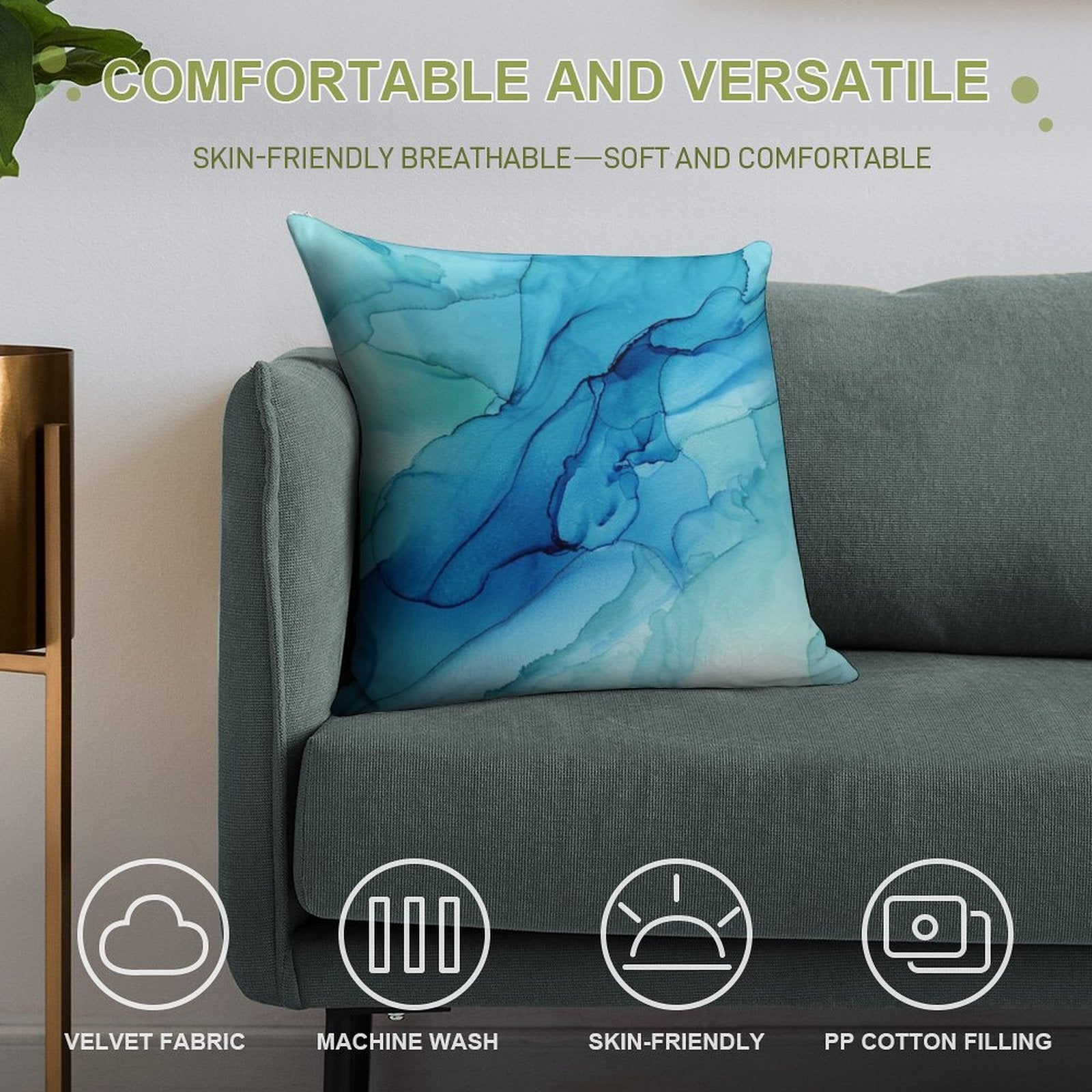 Blue Emerald Water Ombre Abstract Ink Soft Home Decor Throw Pillow