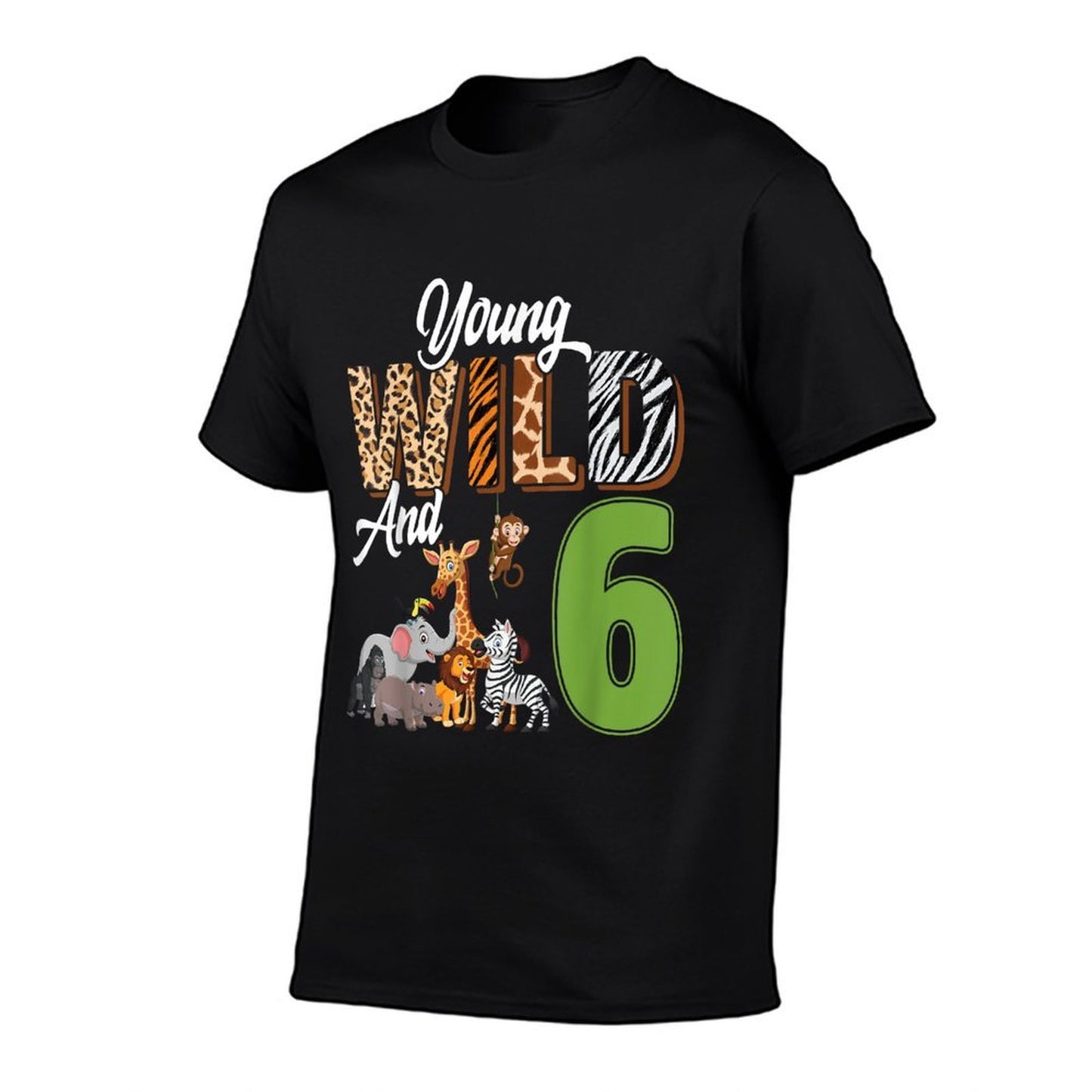Young Wild And 6 Year Old 6th Birthday Safari Zoo Animal Rolled Sleeves T-Shirt