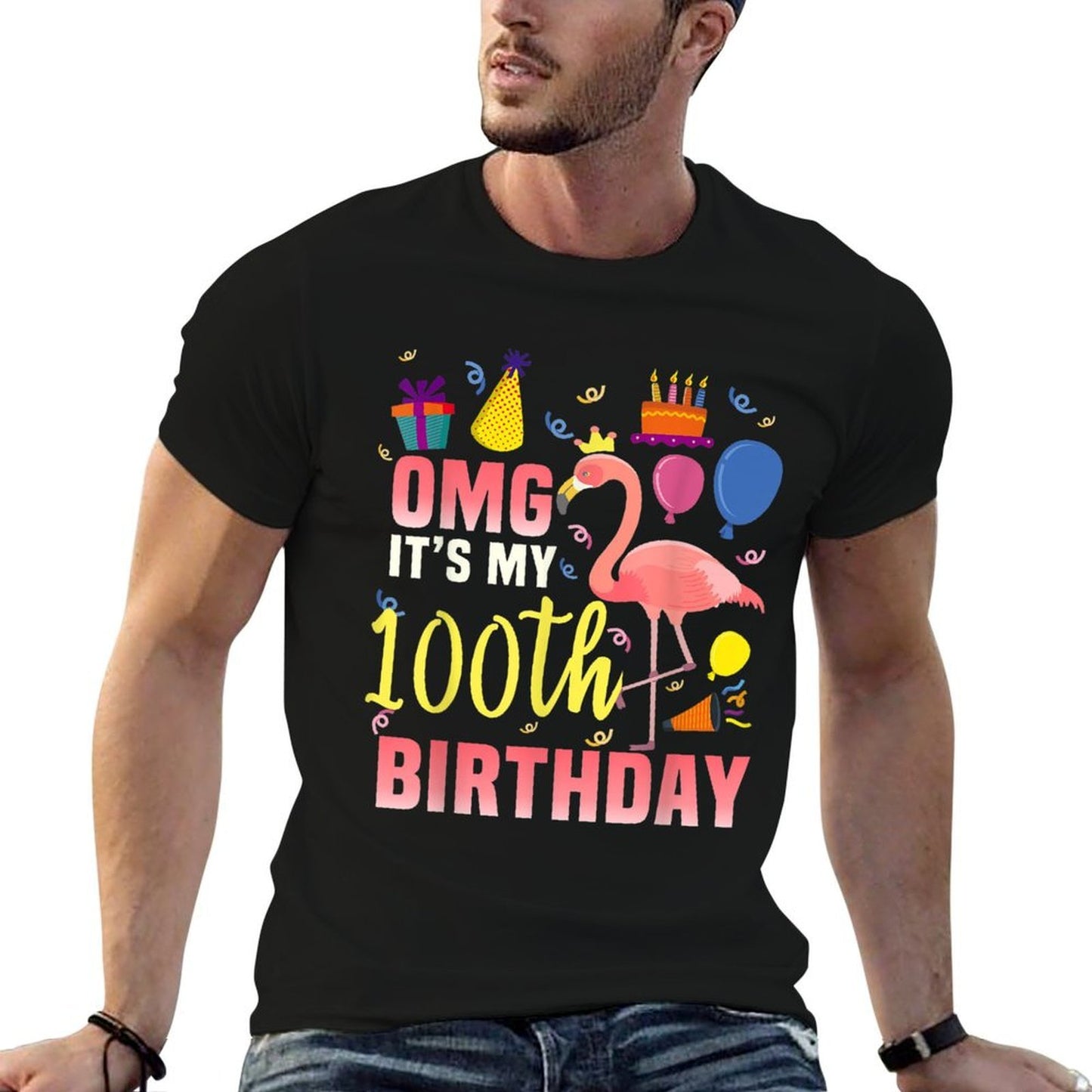 100 Year Old Women Men Gift Flamingo It's My 100th Birthday Ribbed Collar T-Shirt