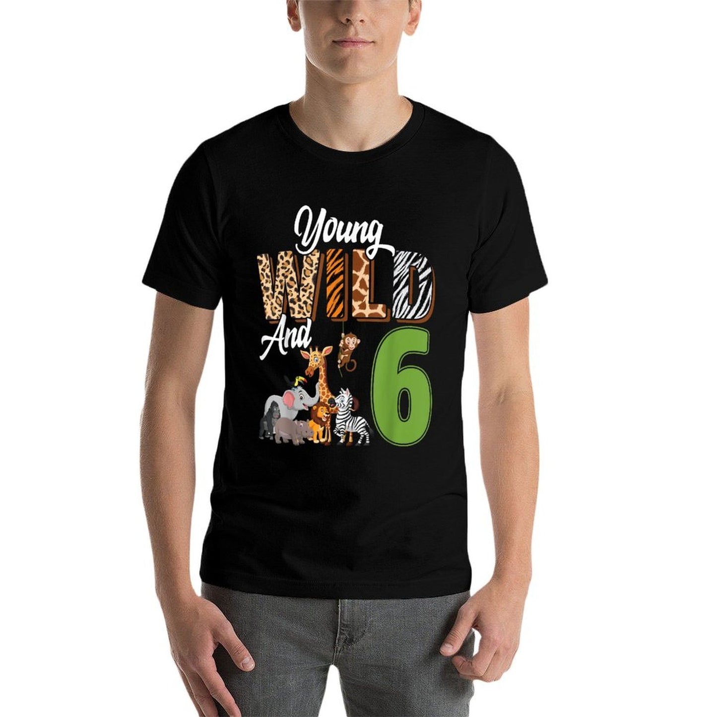 Young Wild And 6 Year Old 6th Birthday Safari Zoo Animal Rolled Sleeves T-Shirt