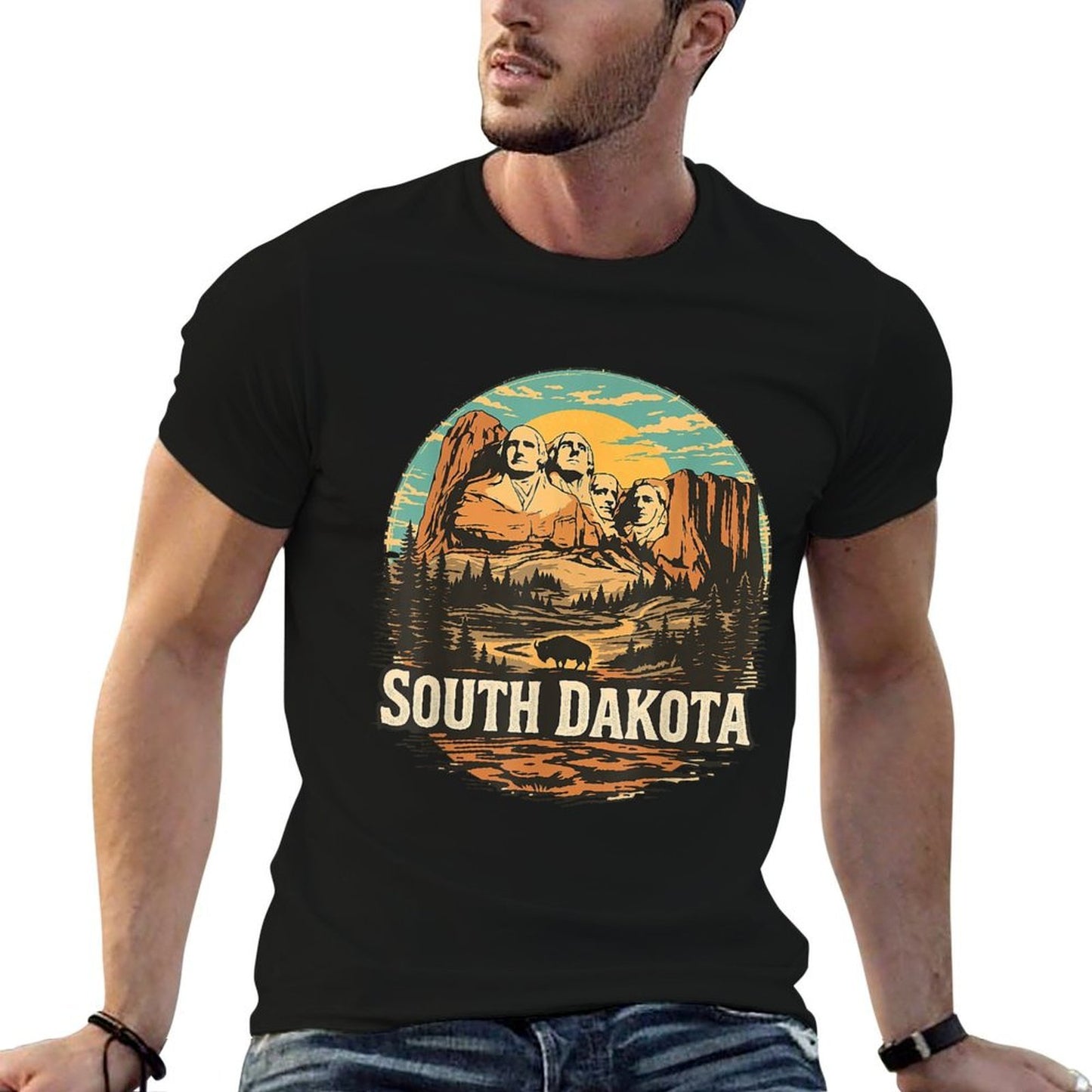 Vintage South Dakota Landscape Mount Rushmore Polyester Blend T-Shirt