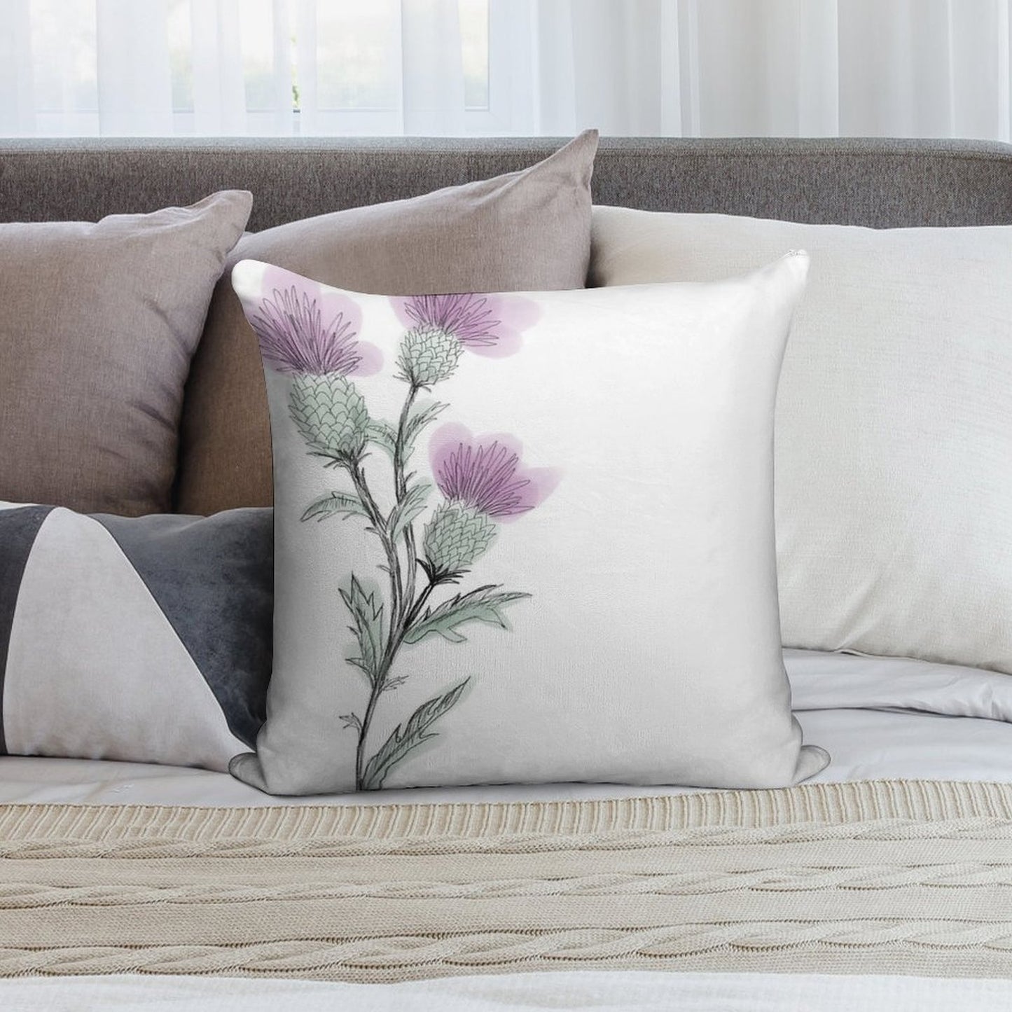 Watercolor Thistle Soft Decorative Cover Throw Pillow