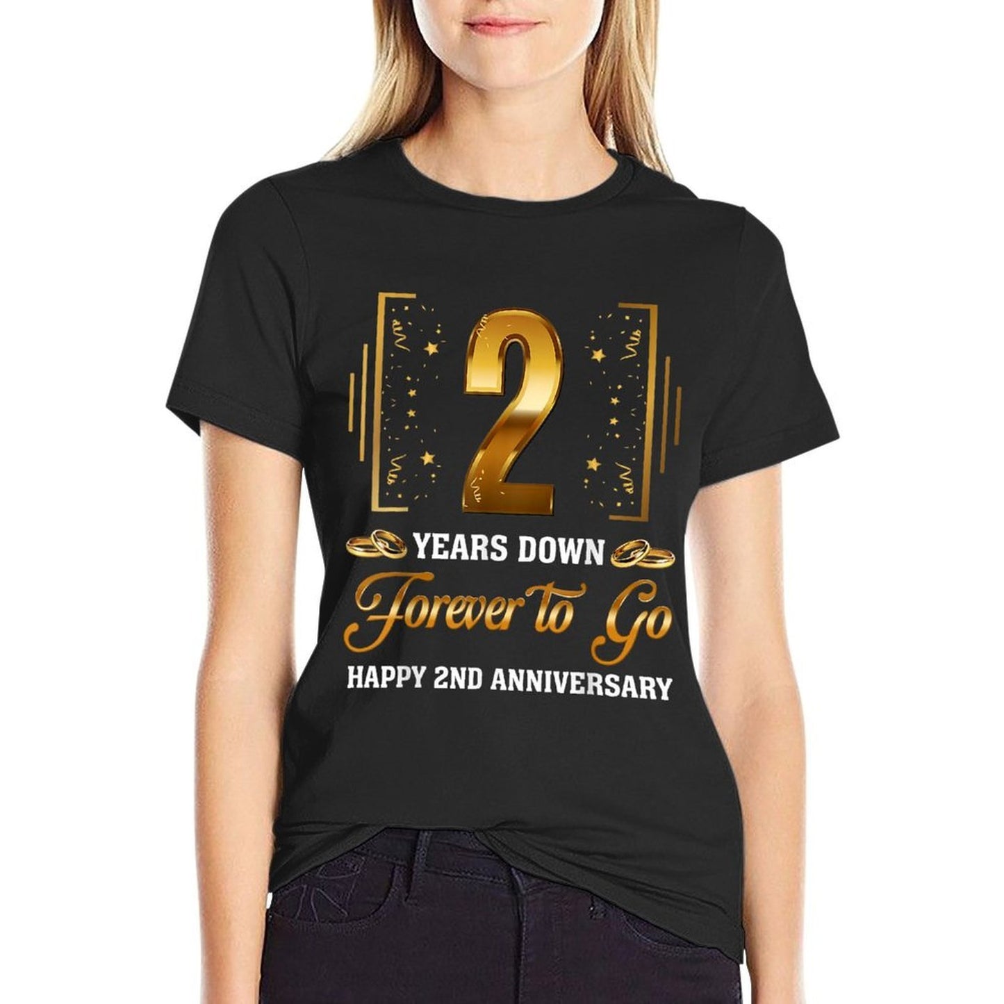 2 Years Down Forever To Go Couple 2nd Wedding Anniversary High-quality Stitching T-Shirt