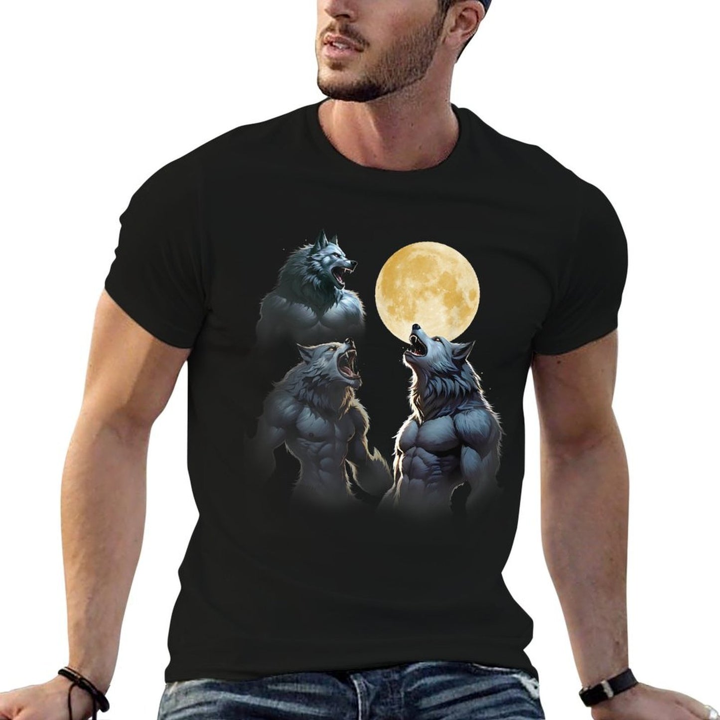 3 Werewolves Howling at The Moon Cryptids Monster Wolves Vintage-inspired T-Shirt