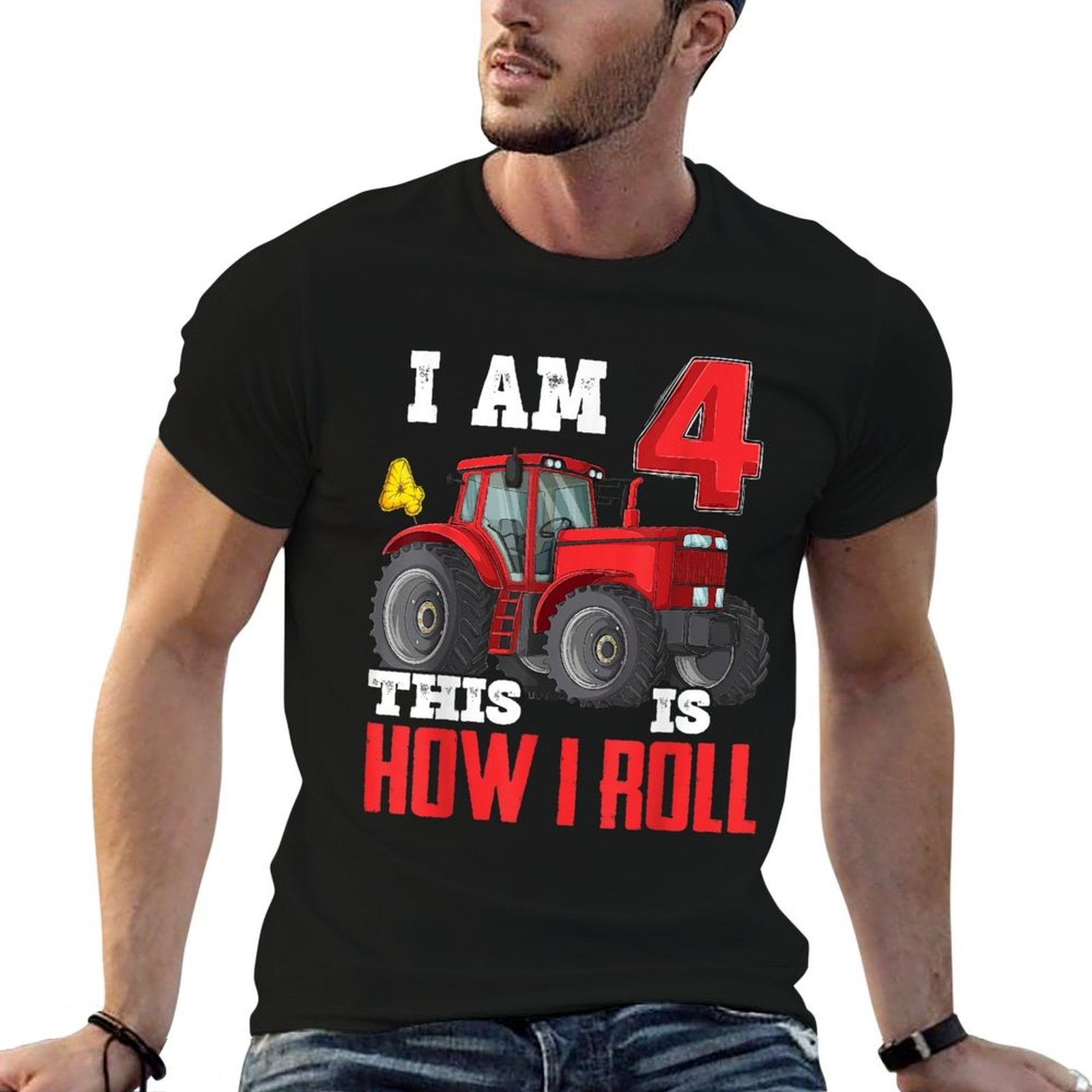 I Am 4 This Is How I Roll 4th Birthday Four Years Tractor  High-quality Stitching T-Shirt