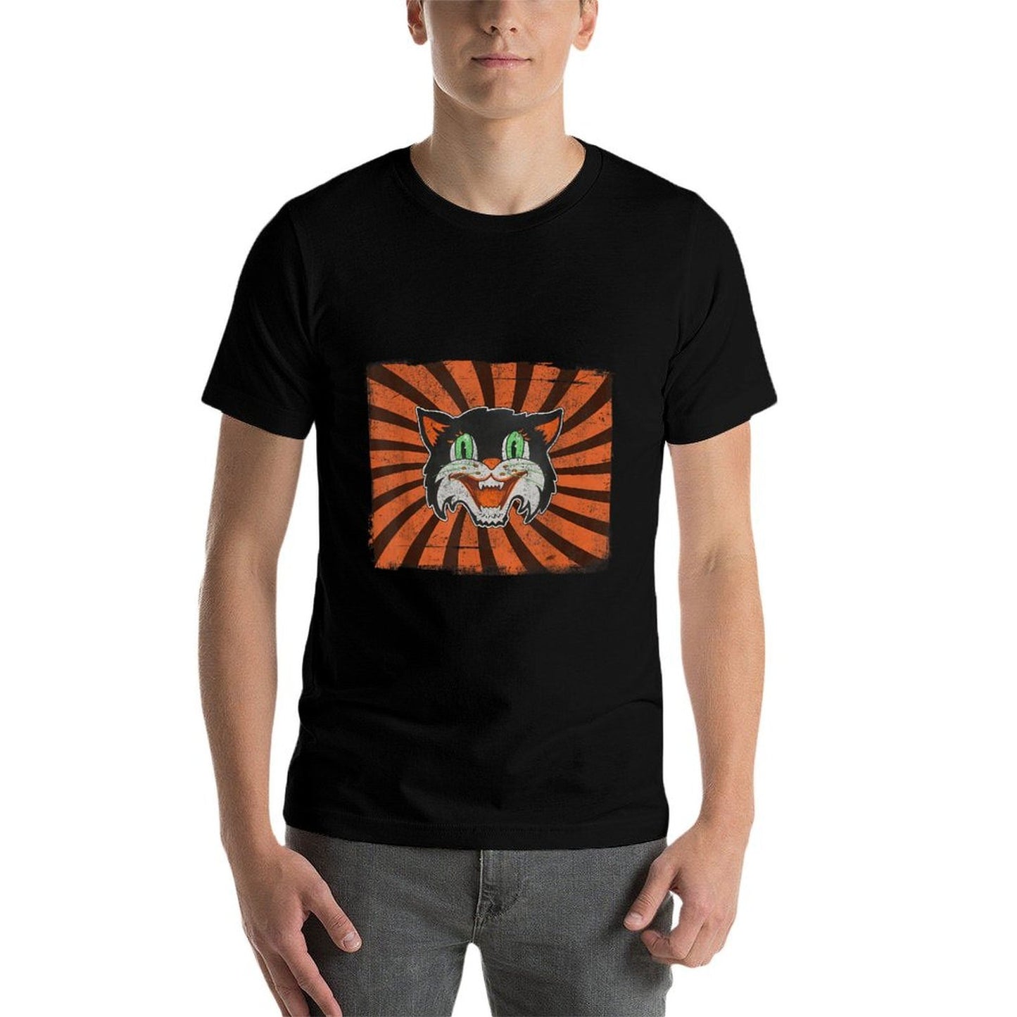 Vintage Halloween Black Cat Lover Funny Retro Gift Rolled Sleeves T-Shirt