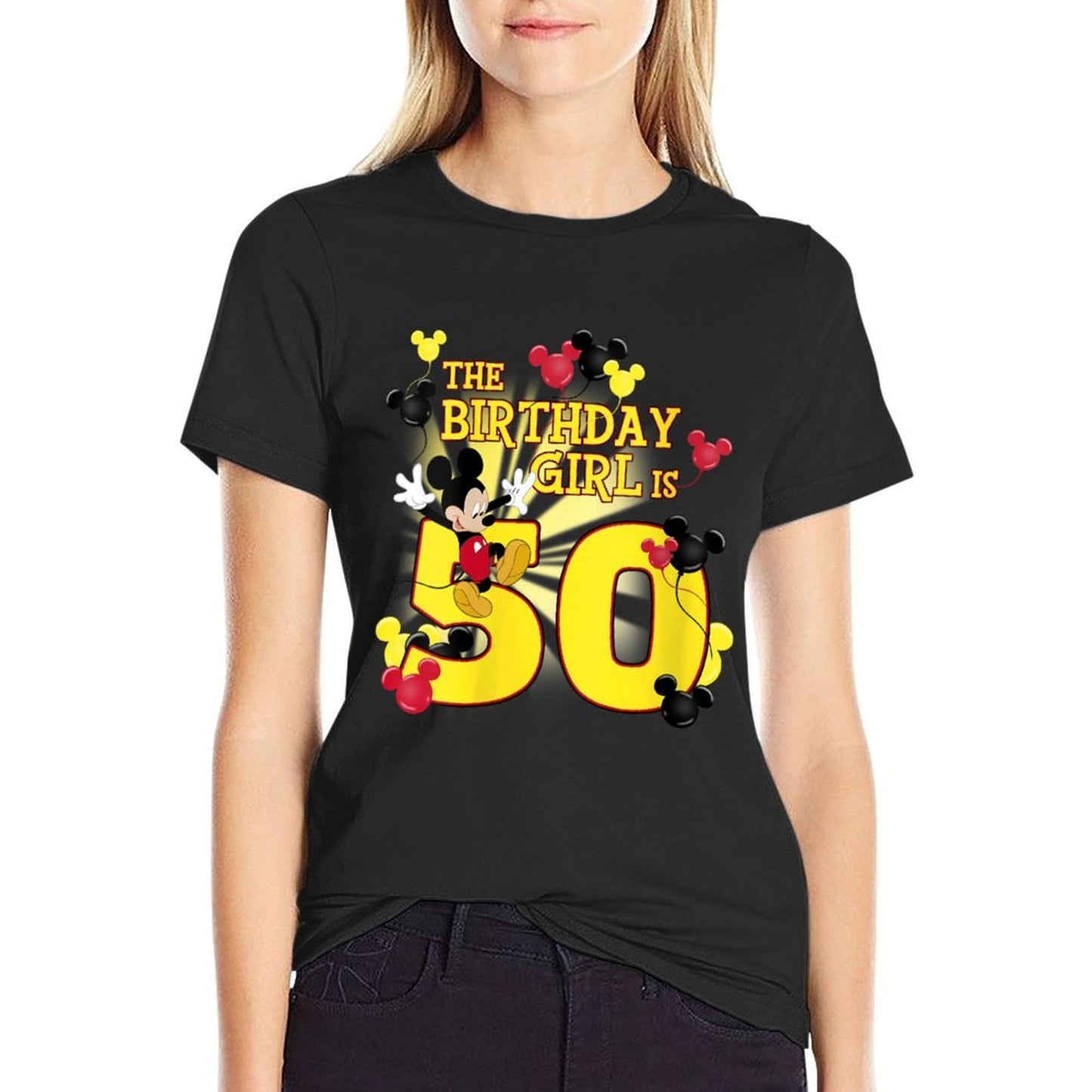 Womens Disney Mickey And Friends Mickey 50th Birthday Girl Oversized Silhouette T-Shirt