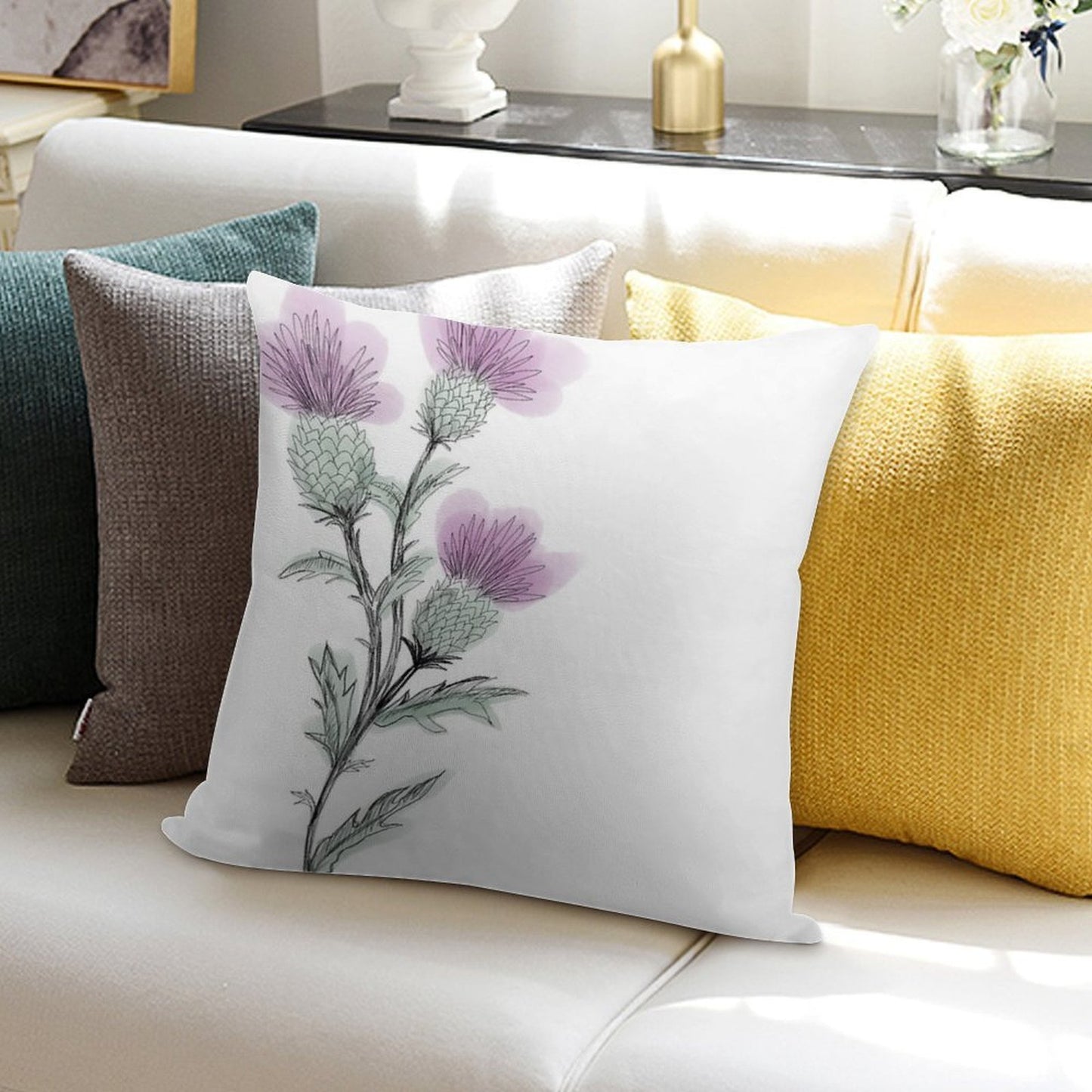 Watercolor Thistle Soft Decorative Cover Throw Pillow