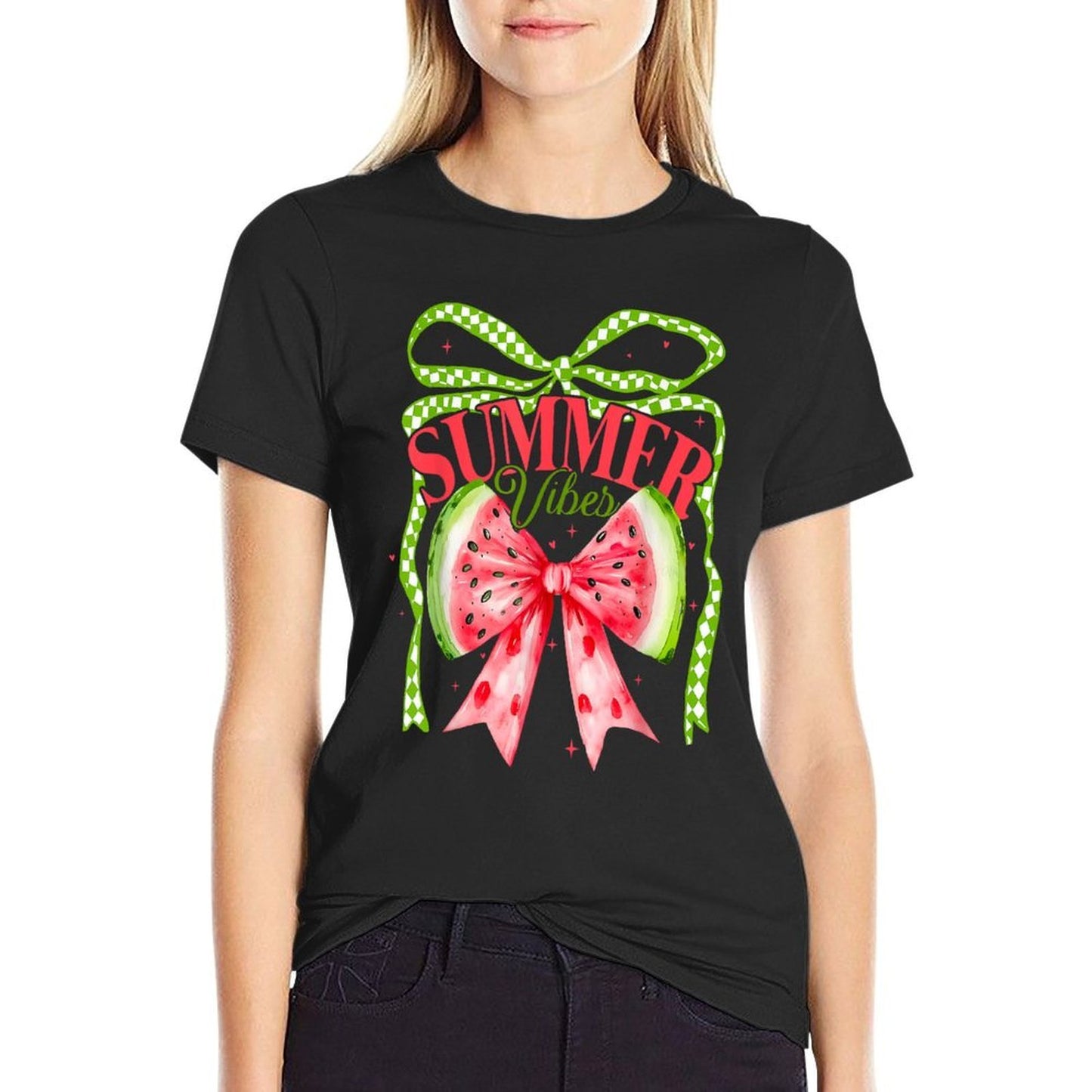 Summer Vibes Coquette Watermelon Bow Hello Summer Beach Girl Wrinkle-resistant T-Shirt