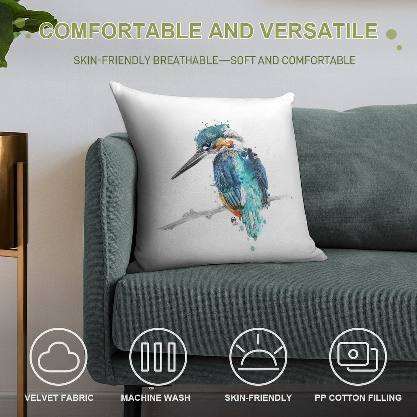 Watercolour Kingfisher Soft Easy Maintenance Throw Pillow
