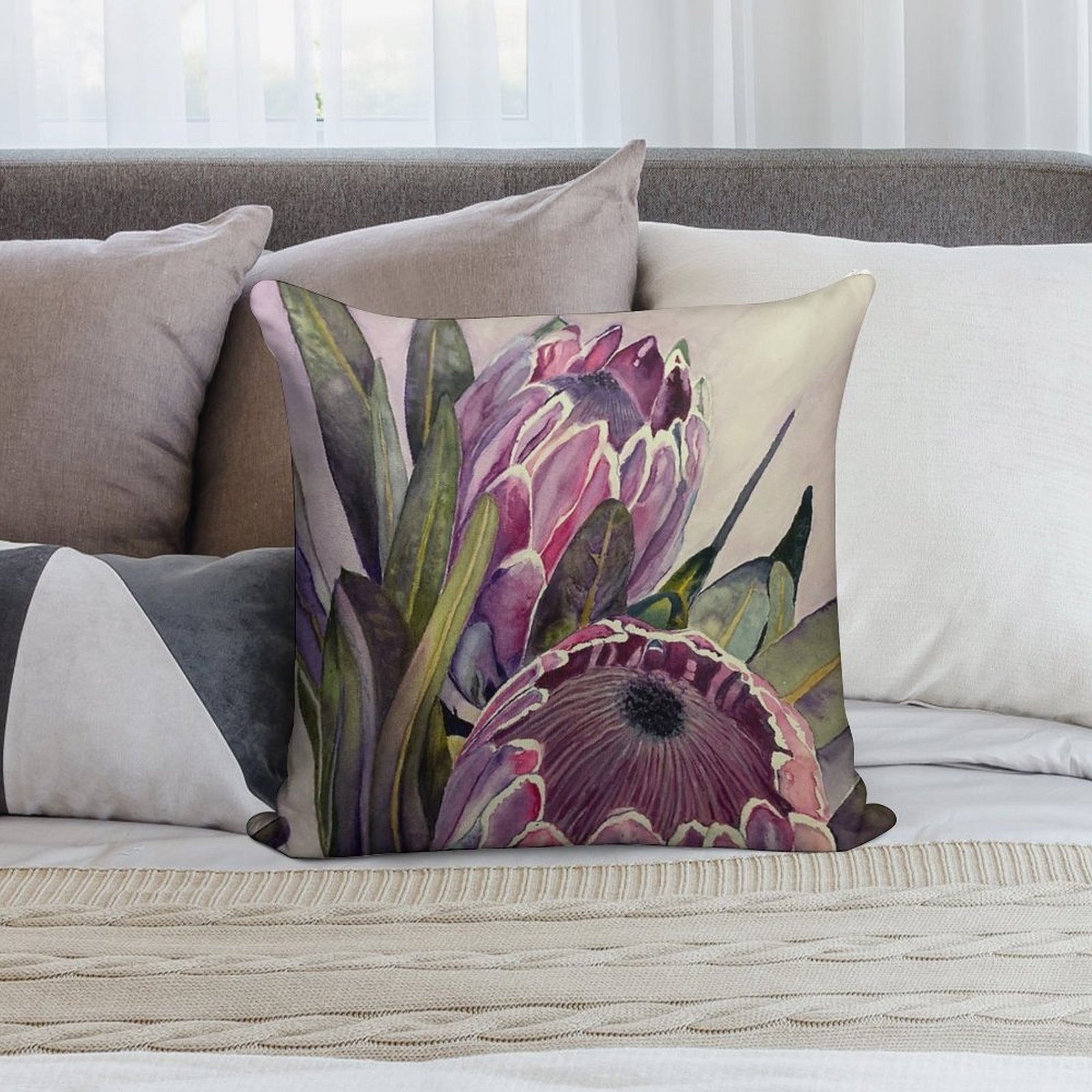 Protea Flower Watercolour Soft Gift Ready Throw Pillow