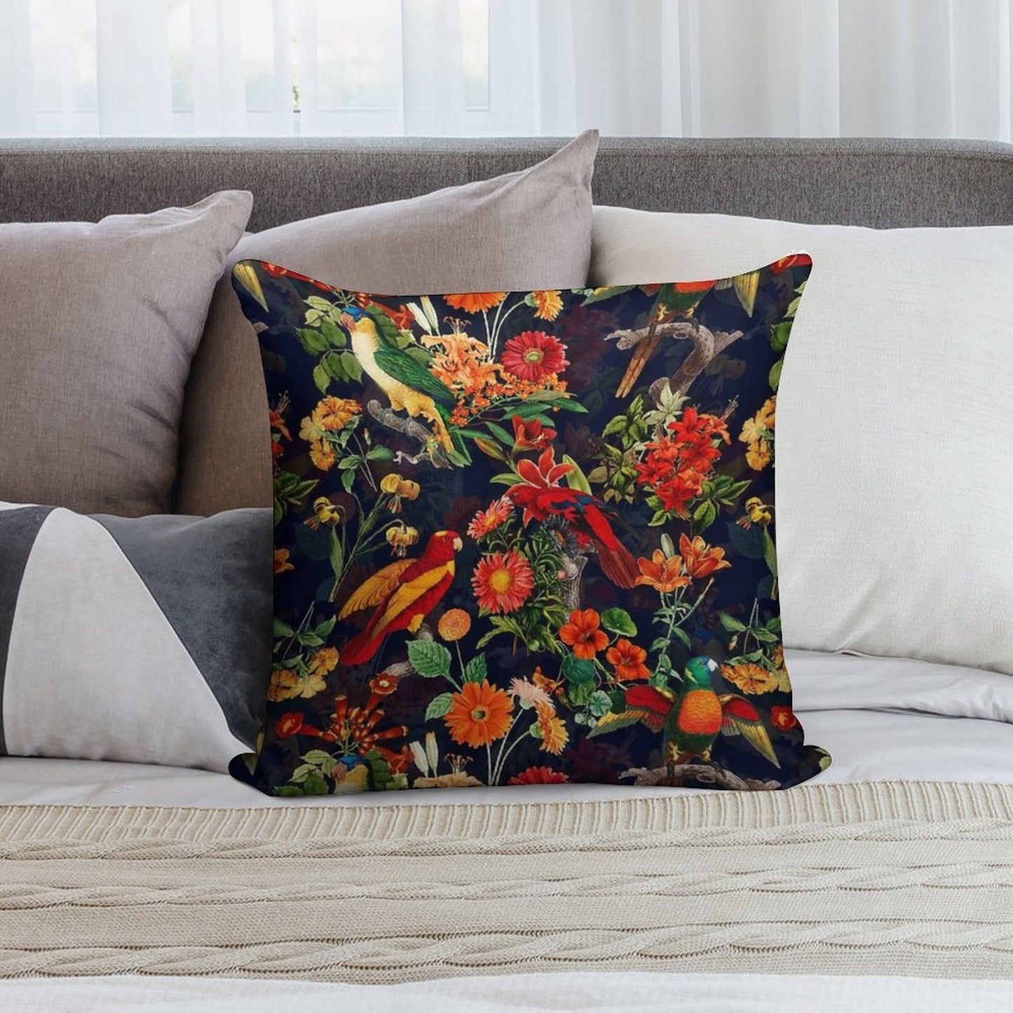 Vintage Tropical Bird Night Jungle Botanical Night Garden Dark Blue Nightgarden Soft Washable Throw Pillow