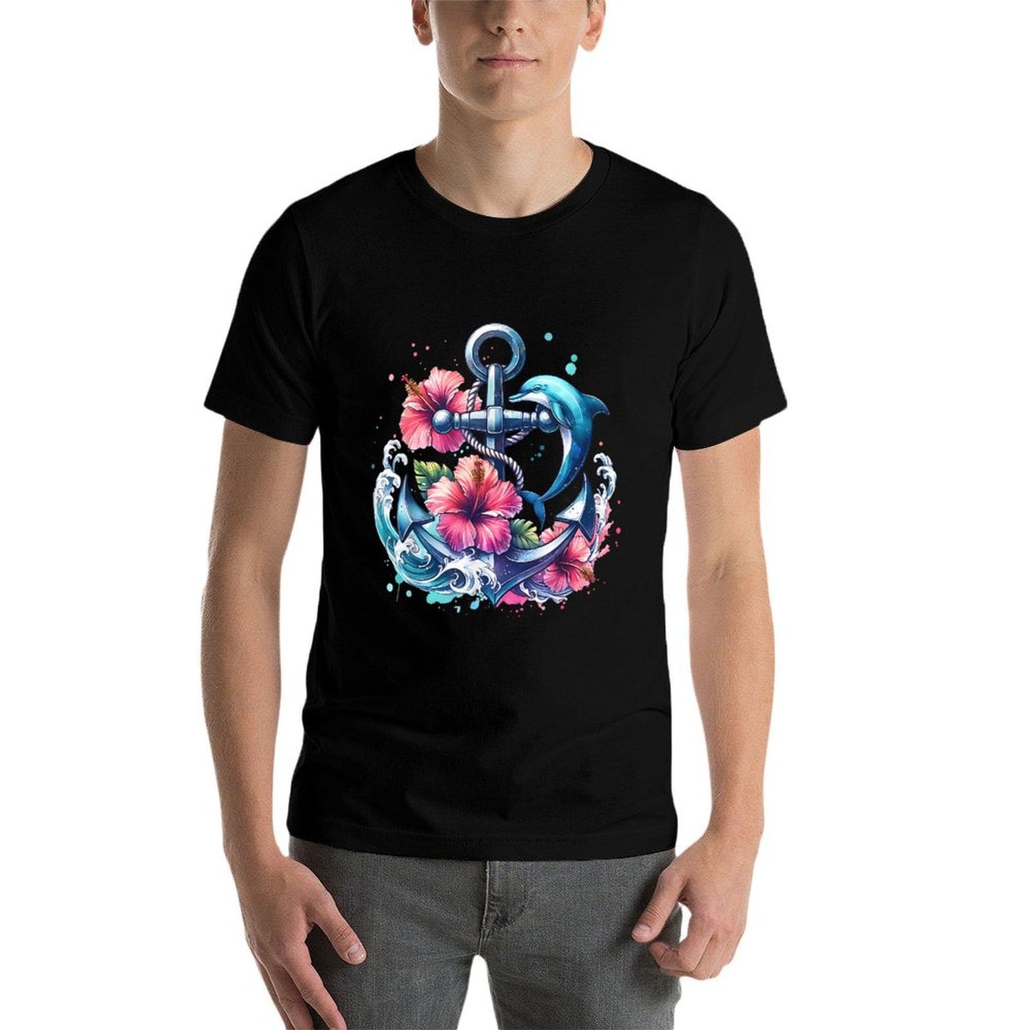 Watercolor Floral Anchor Dolphin Nautical Sea Animal Summer Breathable T-Shirt