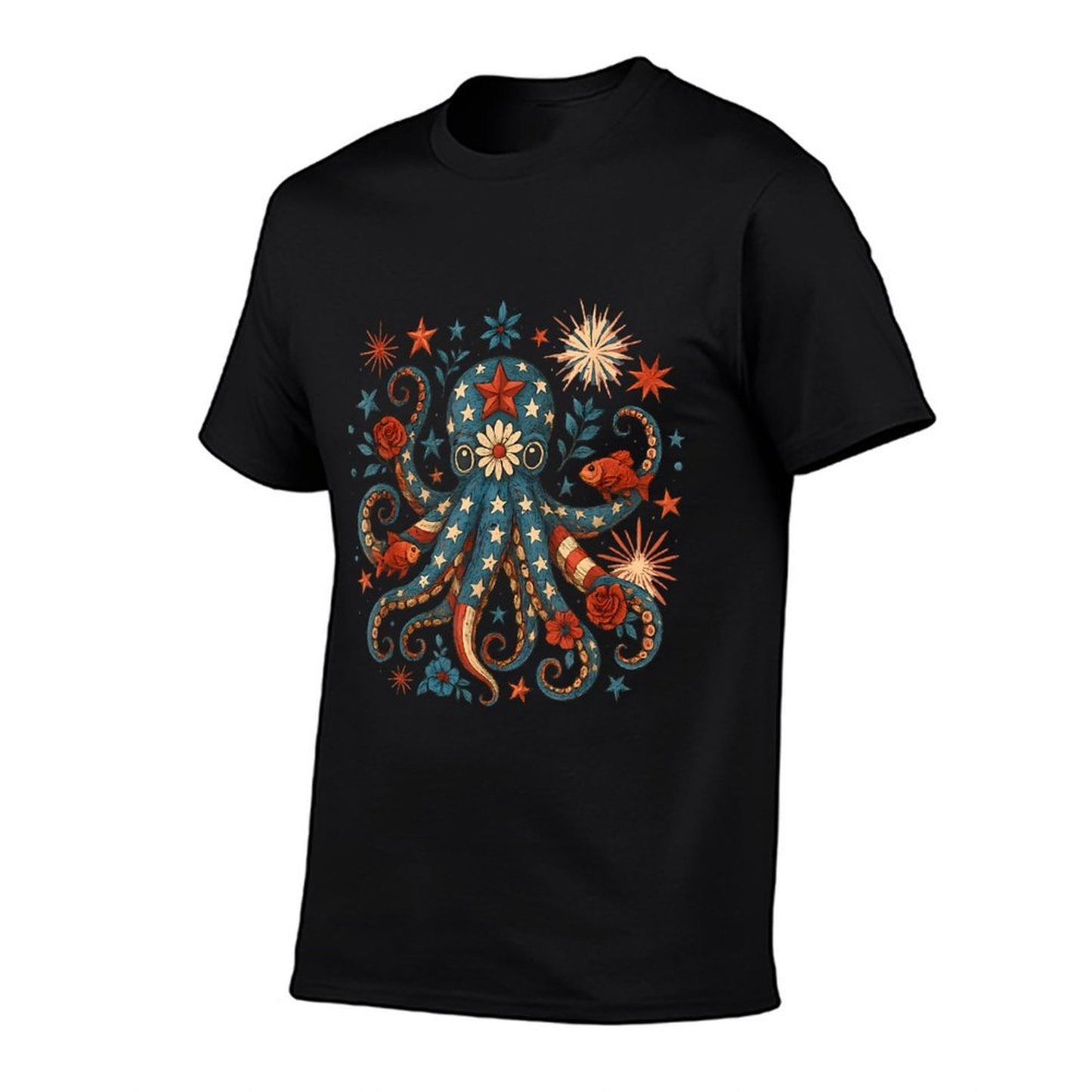Vintage Floral Octopus Patriotic 4th of July Fireworks USA Stretchy T-Shirt