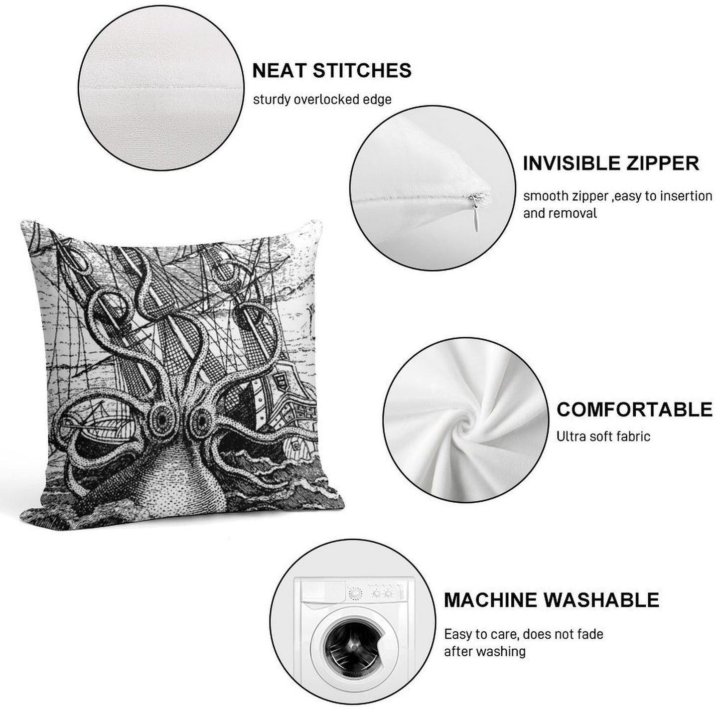 Vintage Kraken Attacking Ship Illustration Soft Short Plush Fabric Throw Pillow