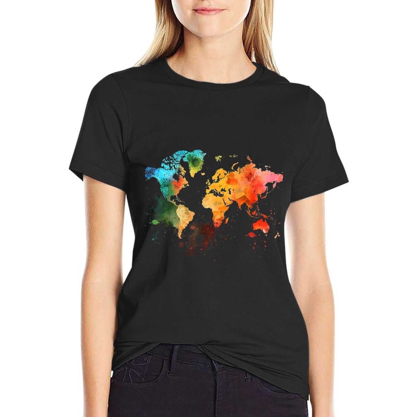 World Map Watercolor Polyester Blend T-Shirt