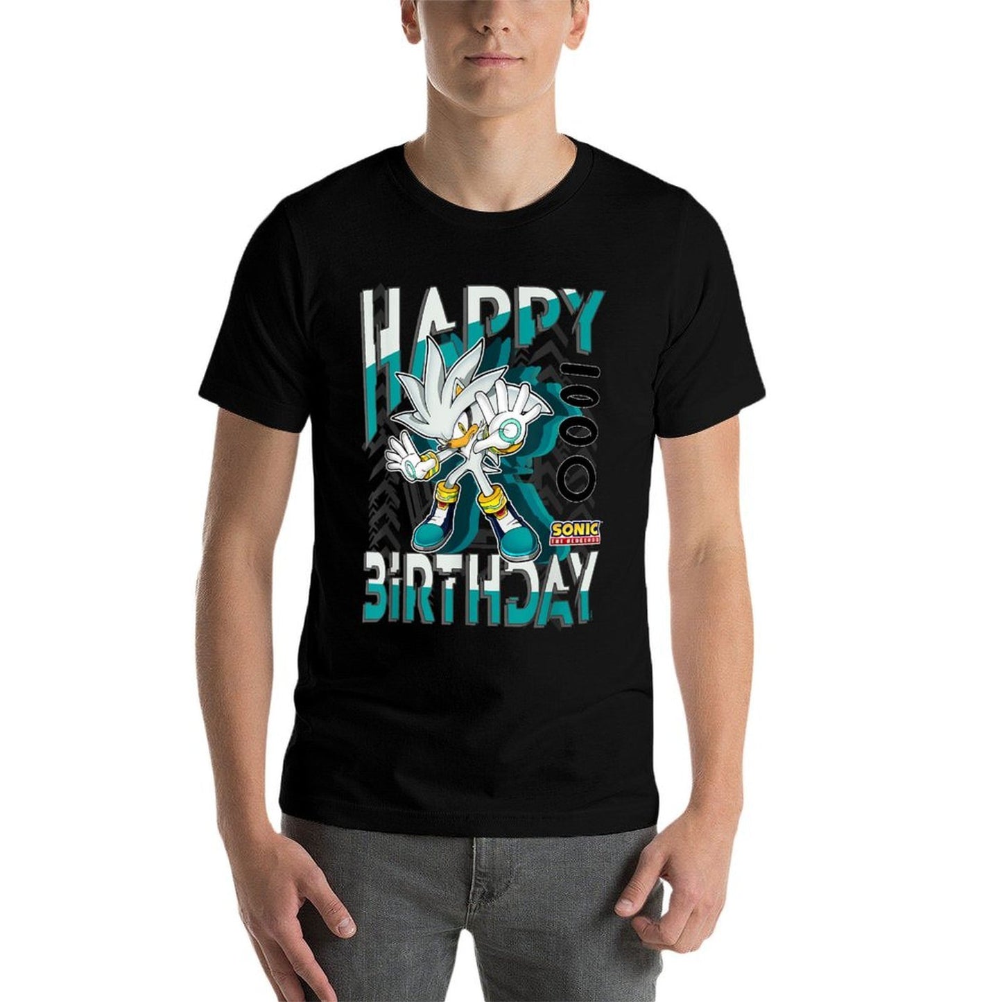 Sonic The Hedgehog Happy Birthday Silver Grid Chest Poster Fade-proof Color T-Shirt